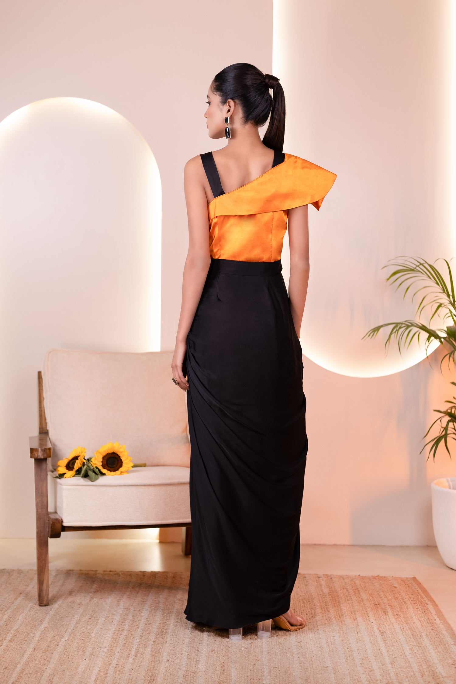 Elegant Black & Orange Asymmetrical Gown