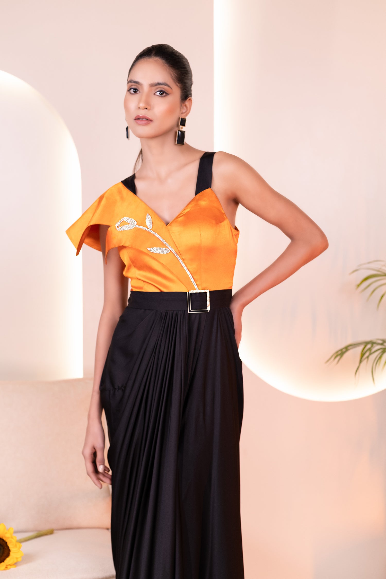 Elegant Black & Orange Asymmetrical Gown