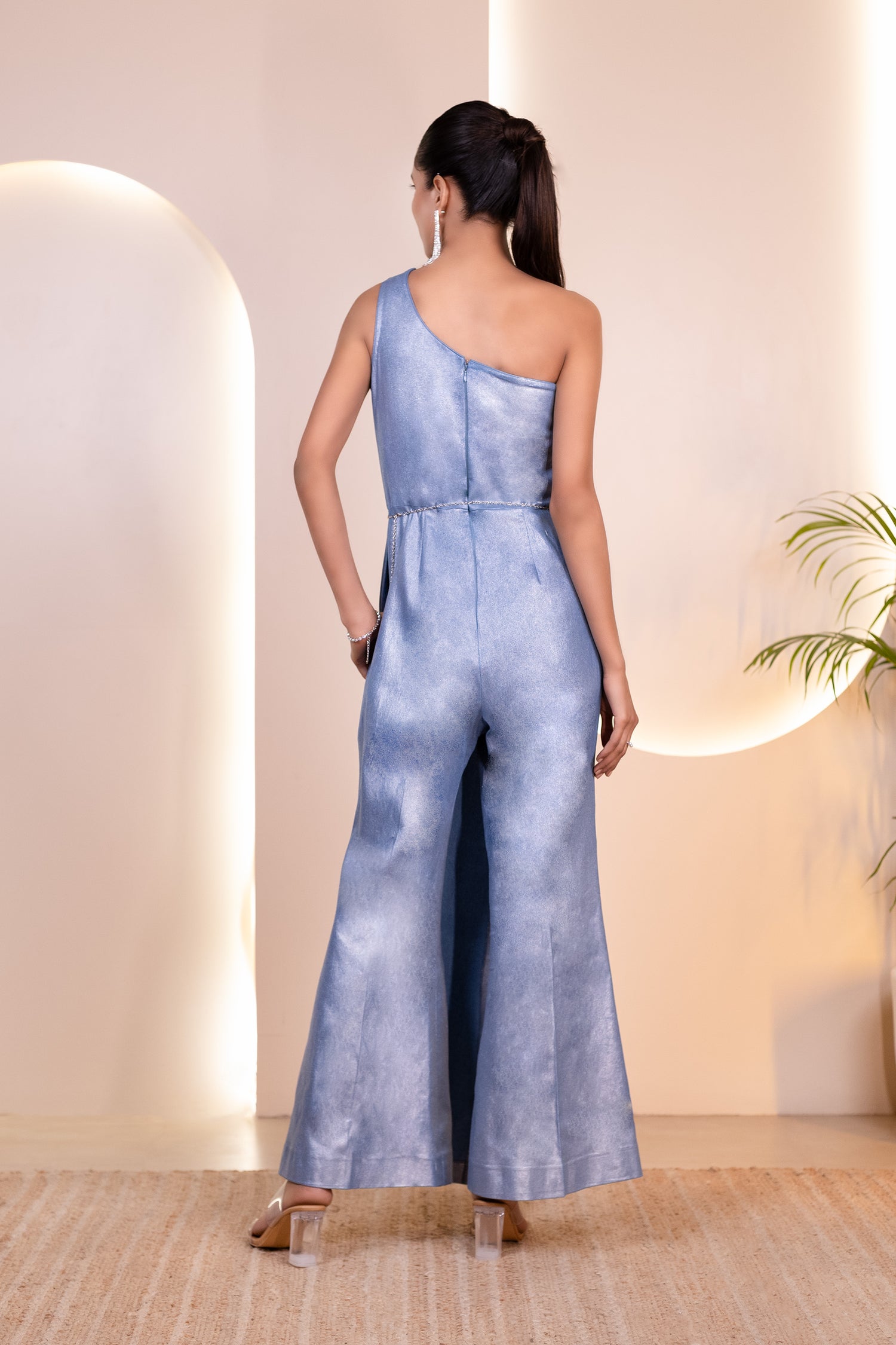 Metallic Blue Jumpsuit with Crystal Stone-Embellished Waistband