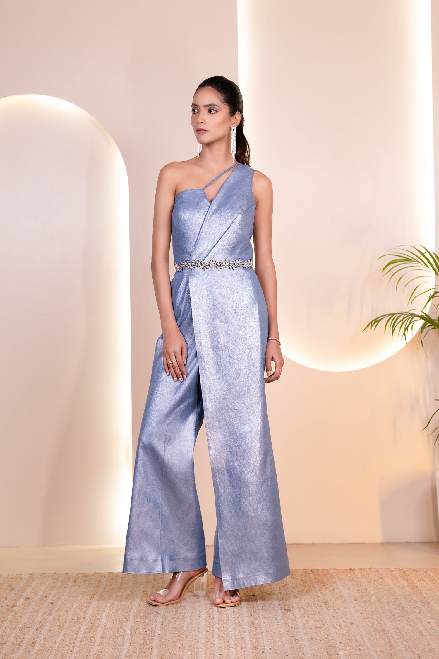 Metallic Blue Jumpsuit with Crystal Stone-Embellished Waistband