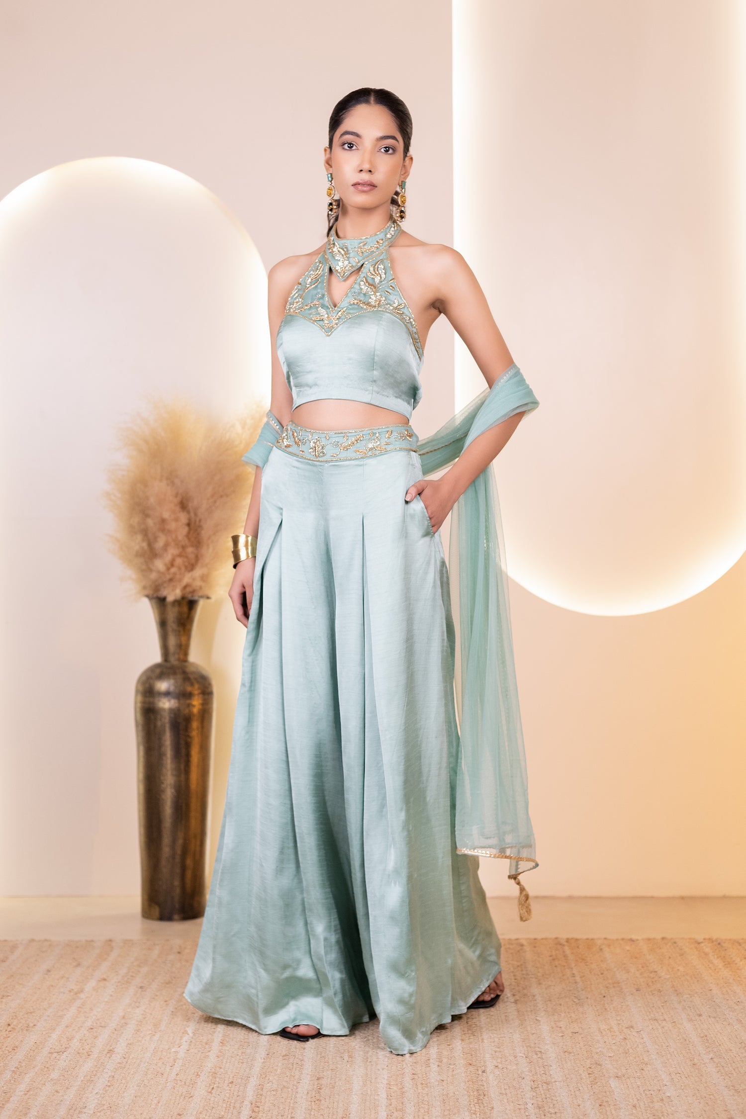 Fancy Hand Embroidered Crop Top and Flared Pants with Dupatta
