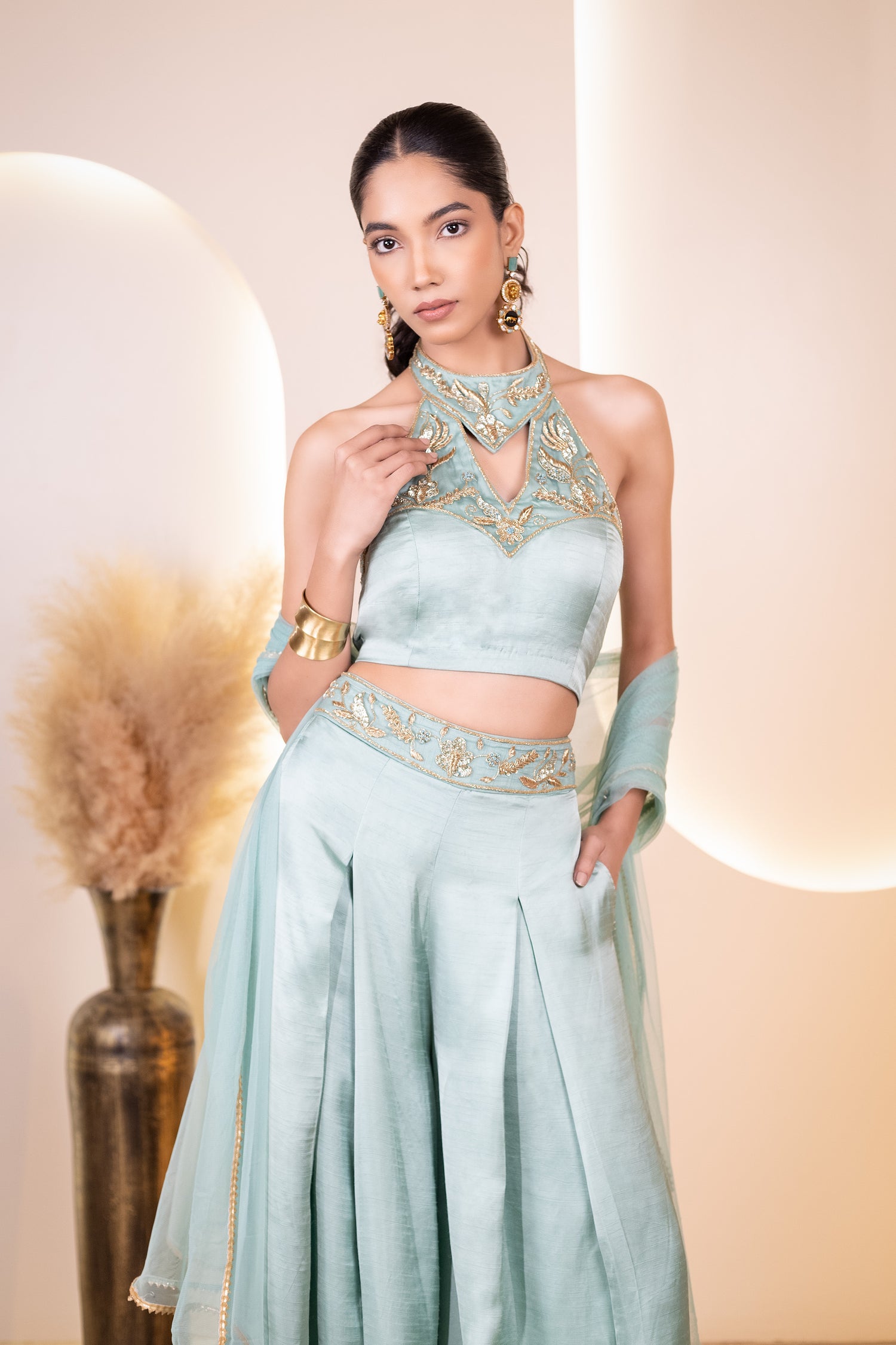 Fancy Hand Embroidered Crop Top and Flared Pants with Dupatta