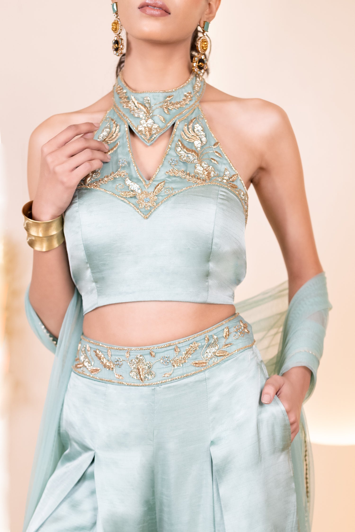 Fancy Hand Embroidered Crop Top and Flared Pants with Dupatta