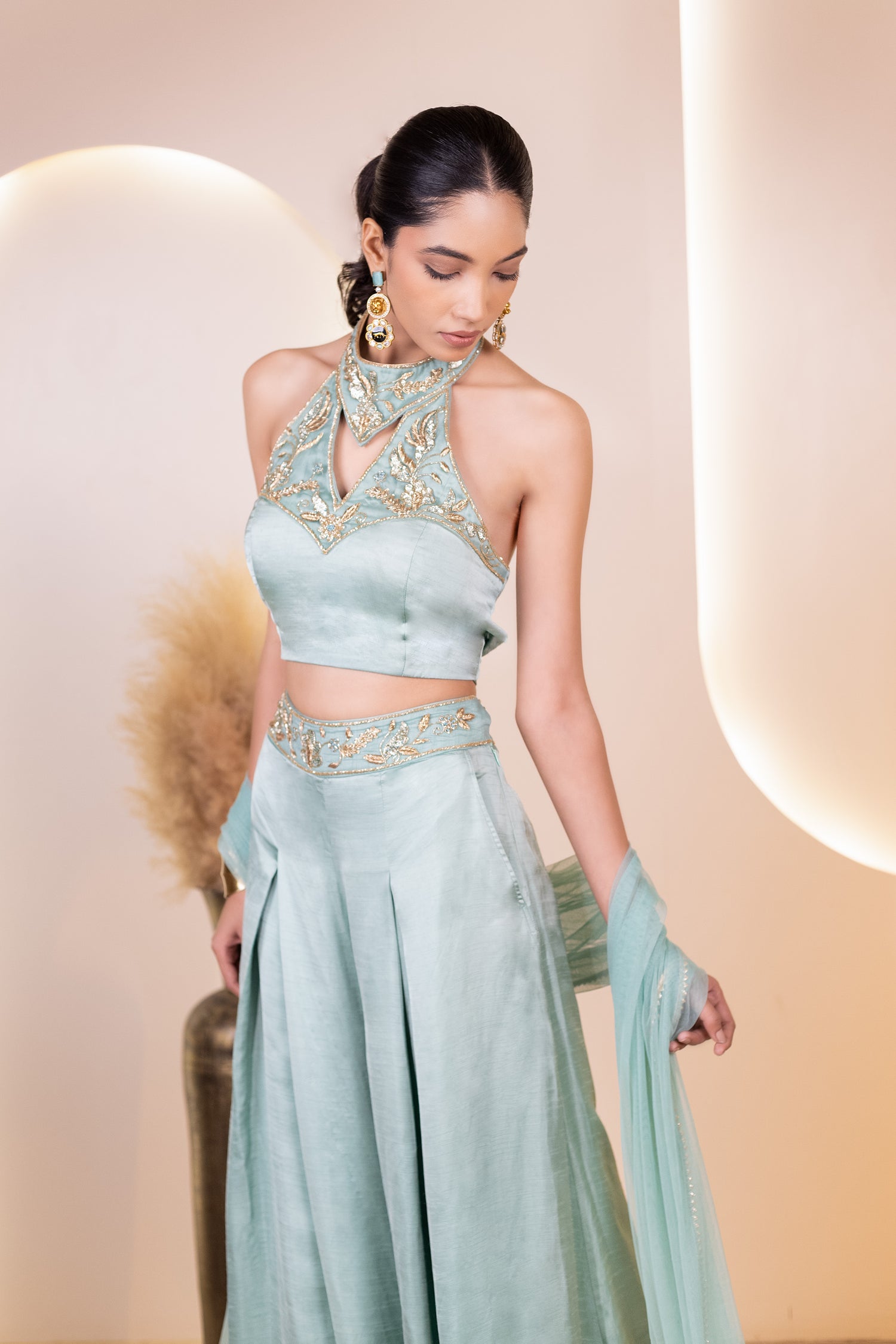 Fancy Hand Embroidered Crop Top and Flared Pants with Dupatta