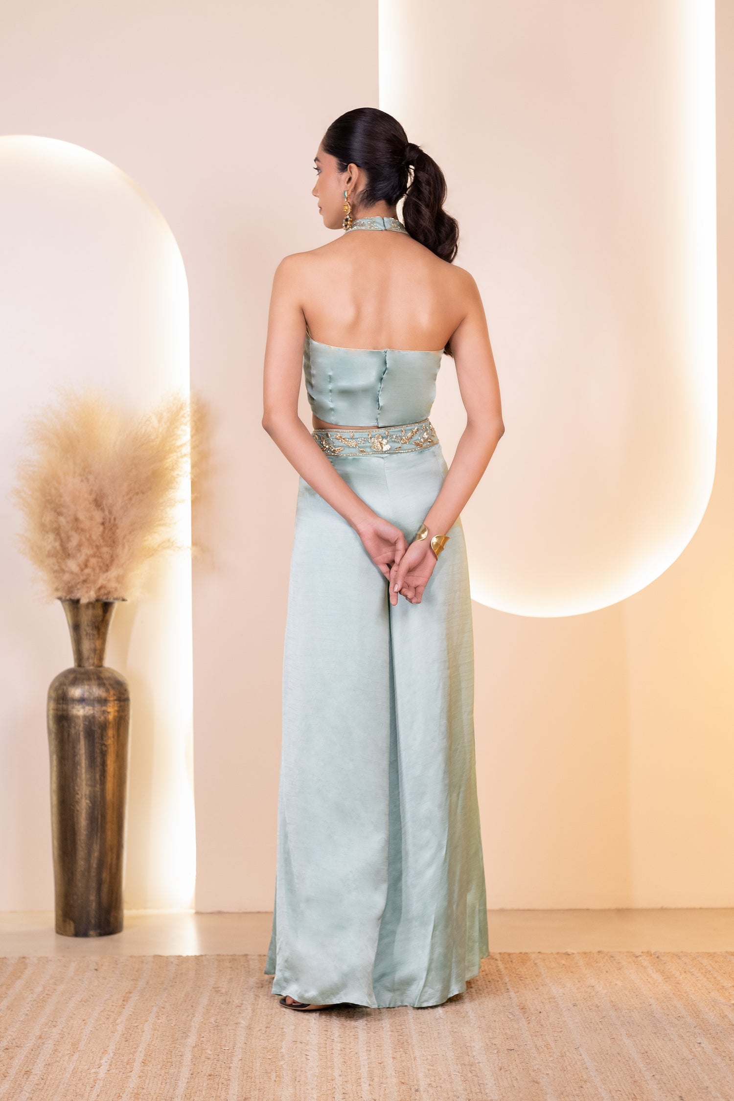 Fancy Hand Embroidered Crop Top and Flared Pants with Dupatta