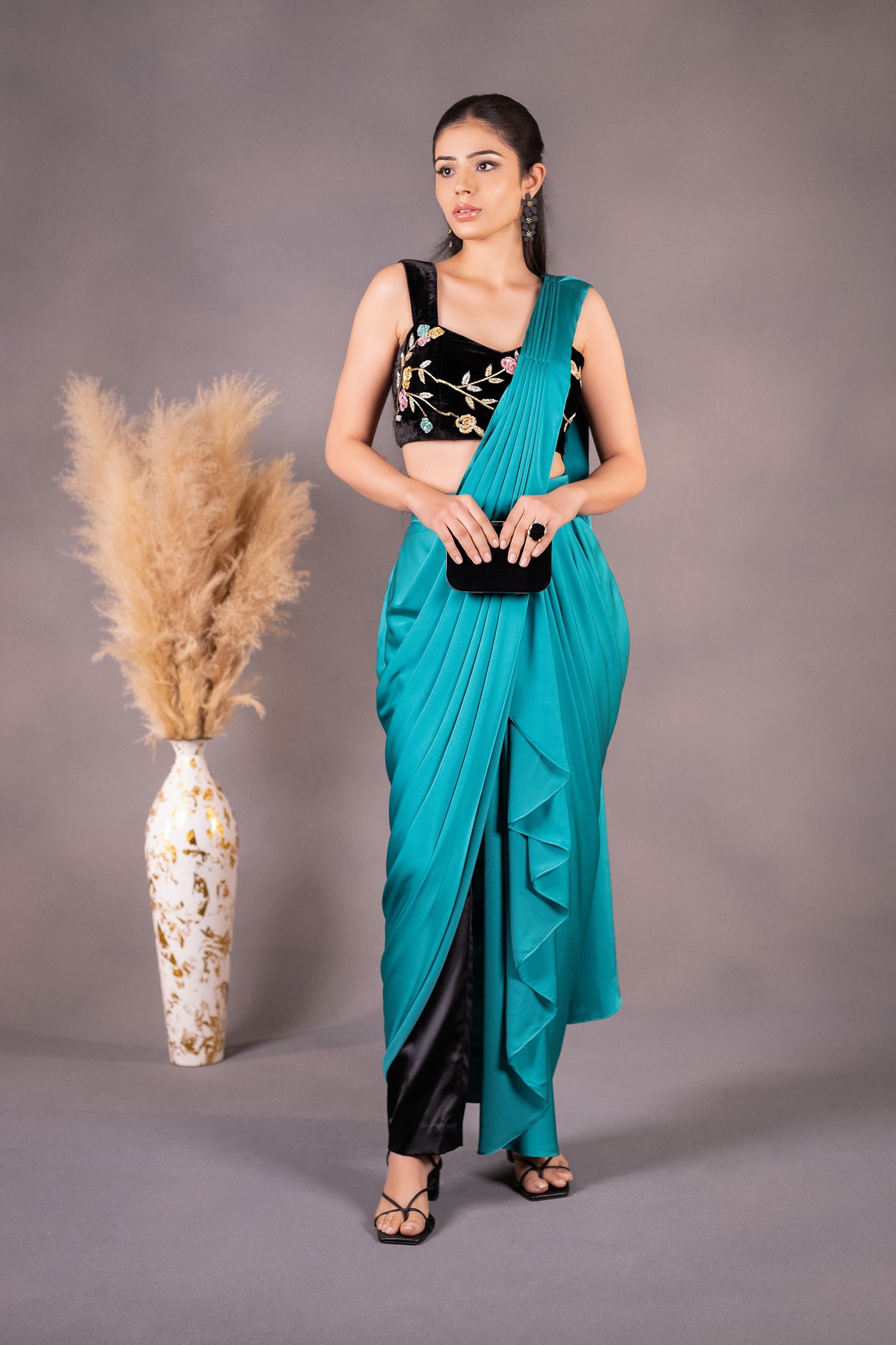 Black Embroidered Blouse & Sea Green Drape Saree