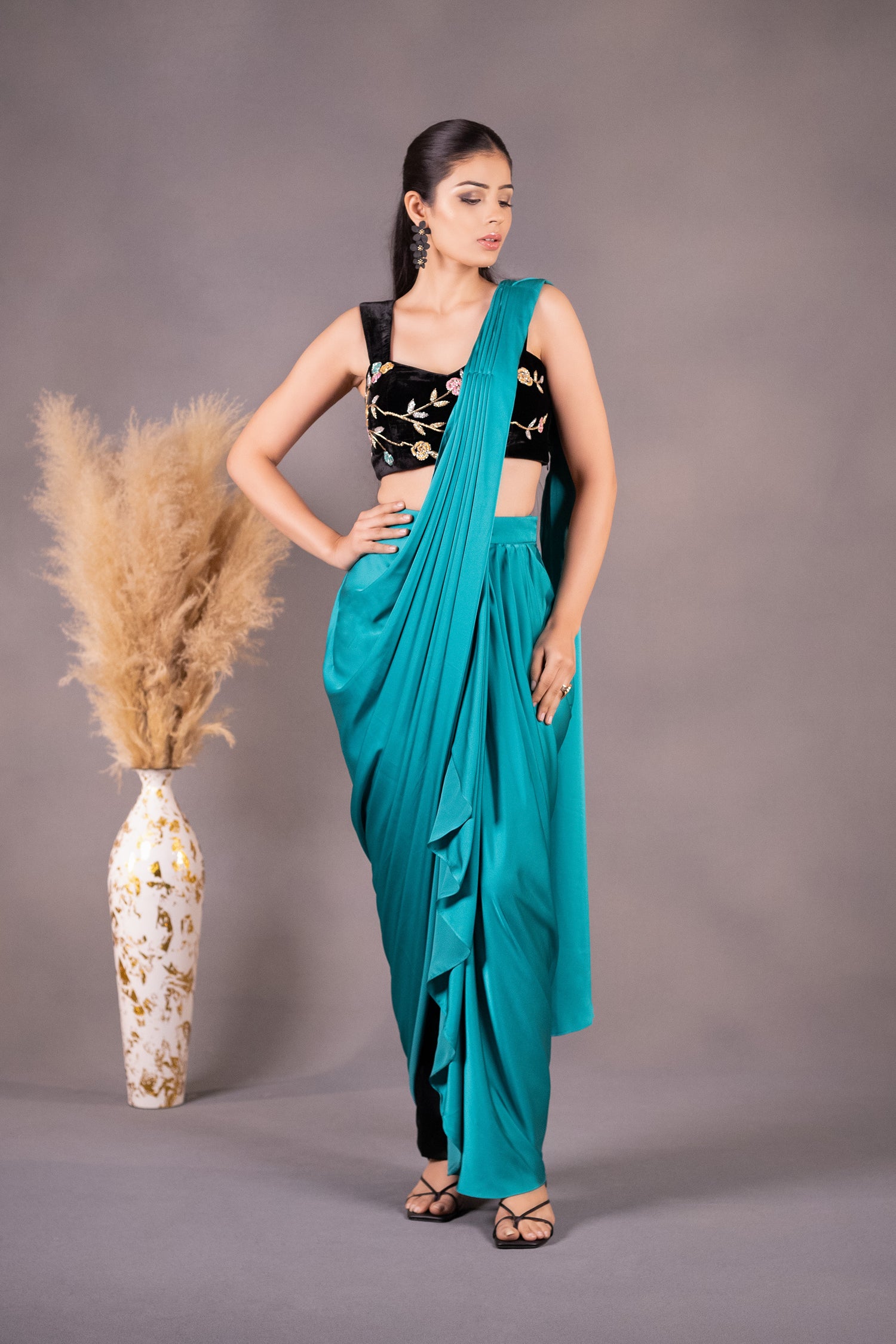 Black Embroidered Blouse & Sea Green Drape Saree