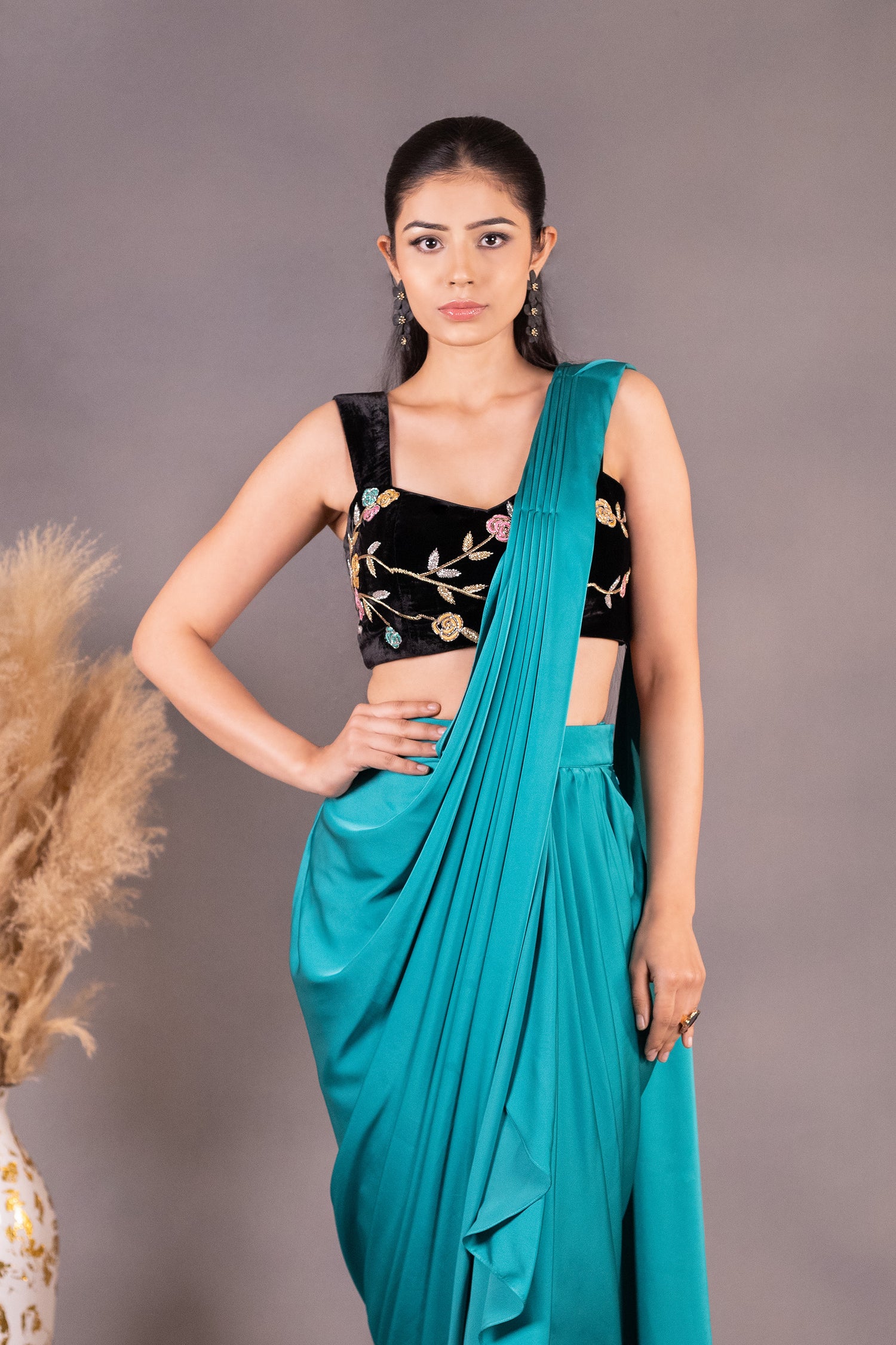 Black Embroidered Blouse & Sea Green Drape Saree