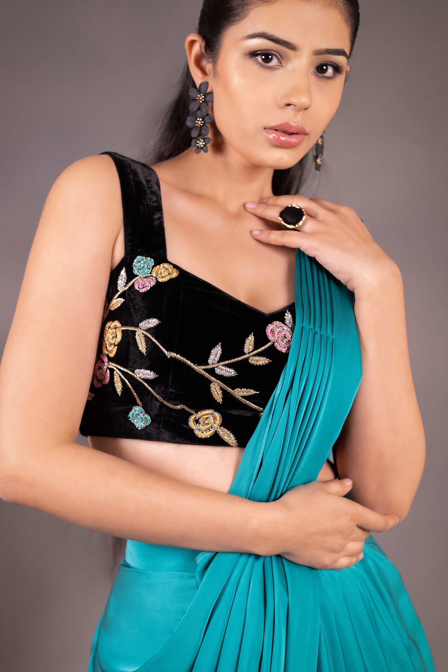 Black Embroidered Blouse & Sea Green Drape Saree