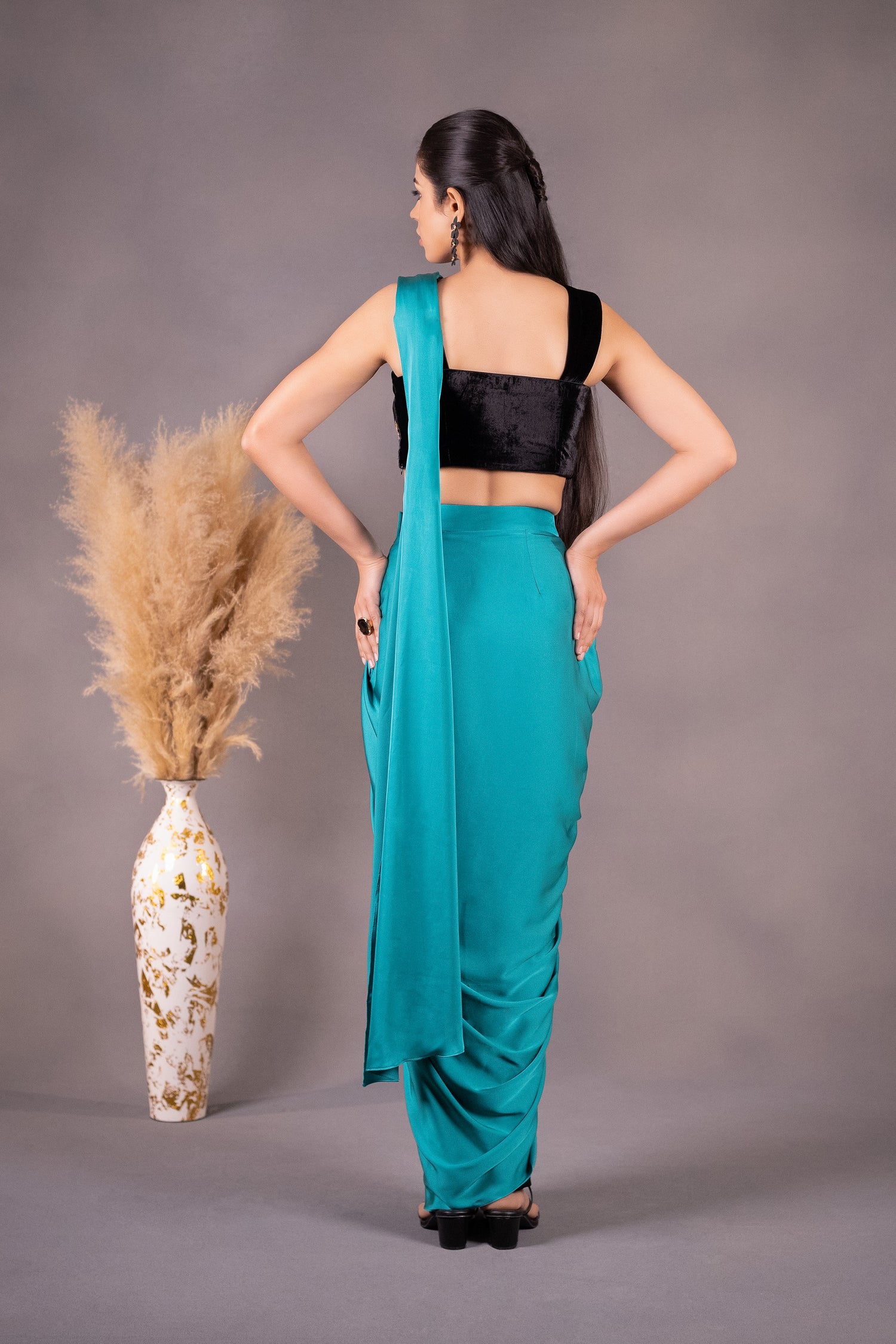 Black Embroidered Blouse & Sea Green Drape Saree