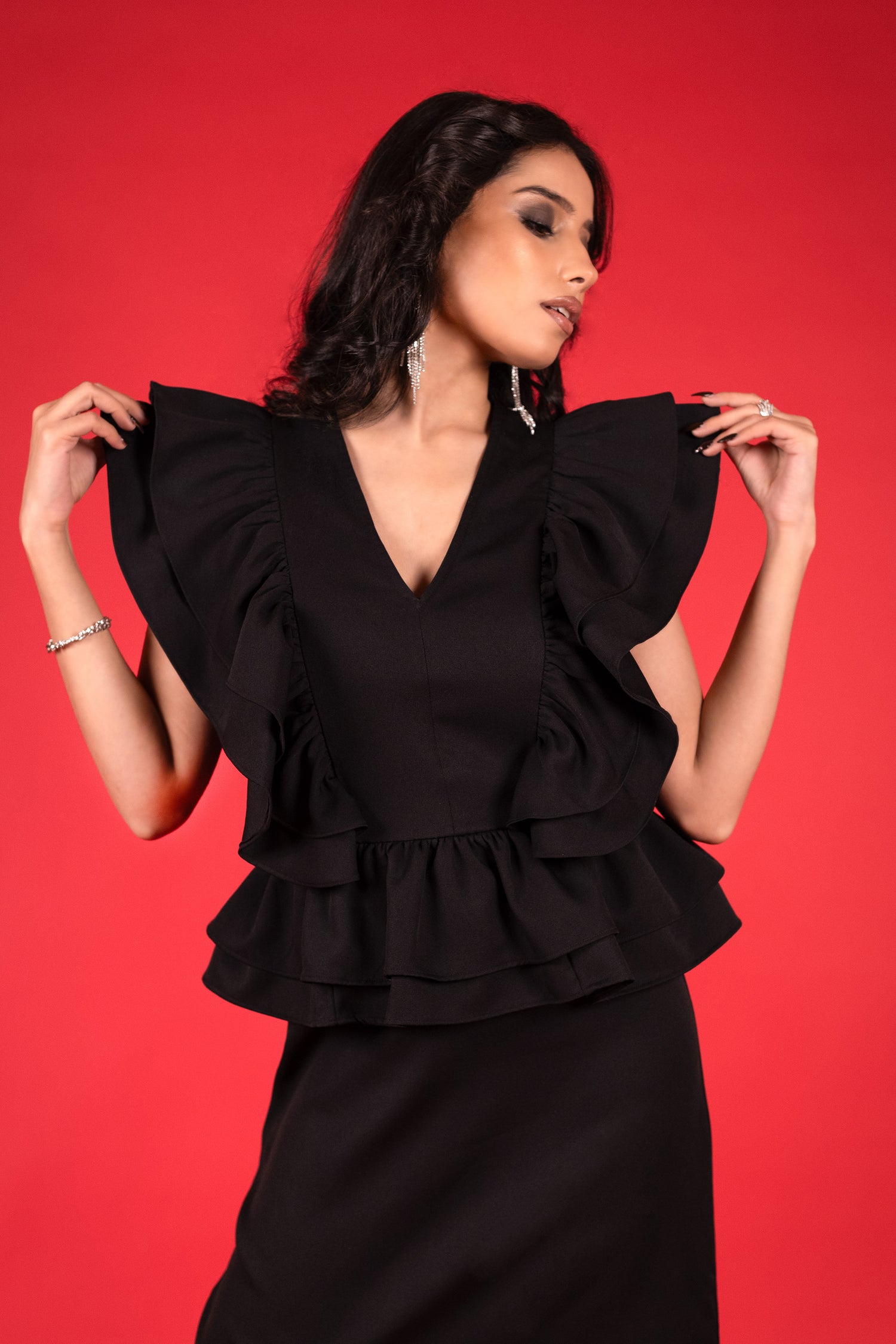Classic V-Neck Black Ruffle Dress