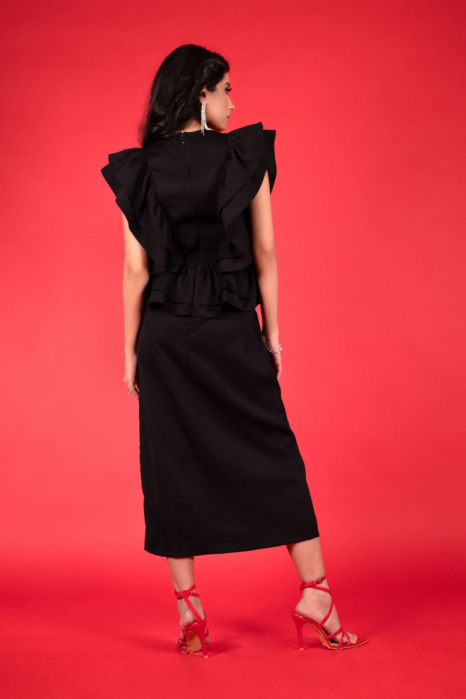 Classic V-Neck Black Ruffle Dress