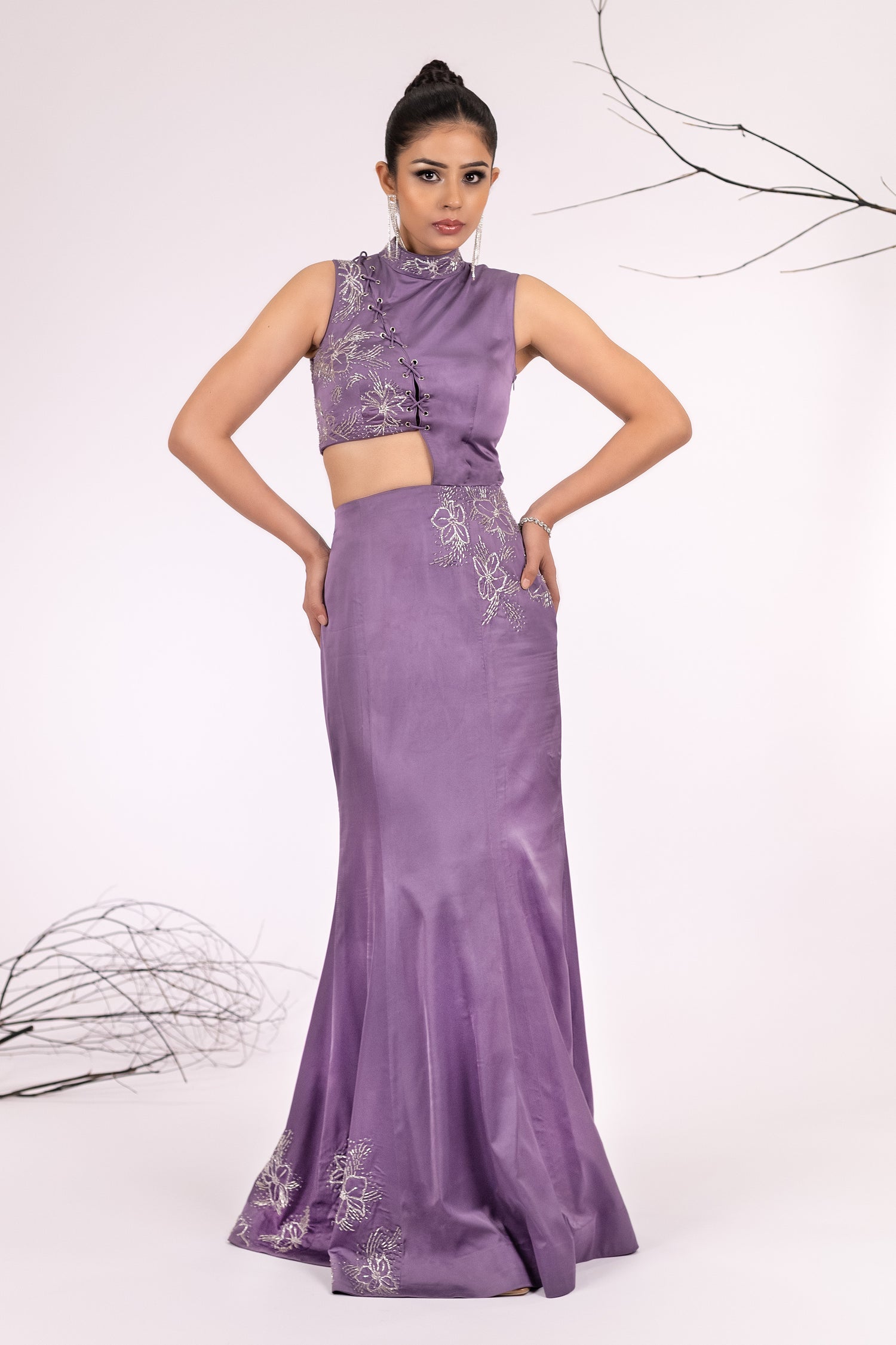 Hand-Embellished Lavender Flared Cocktail Gown