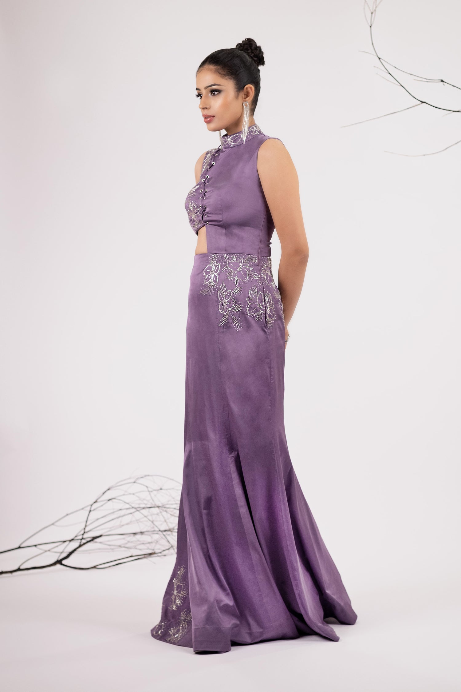 Hand-Embellished Lavender Flared Cocktail Gown