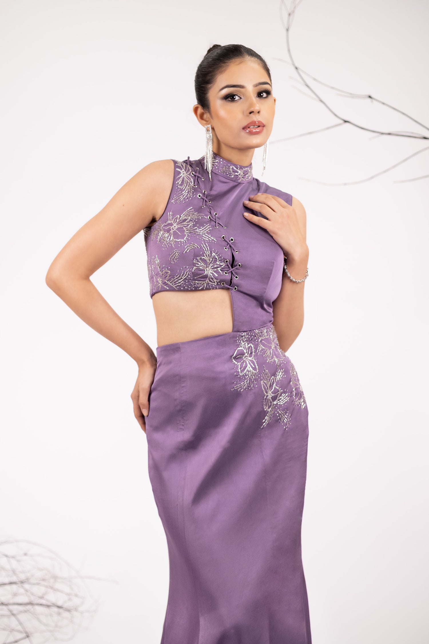 Hand-Embellished Lavender Flared Cocktail Gown