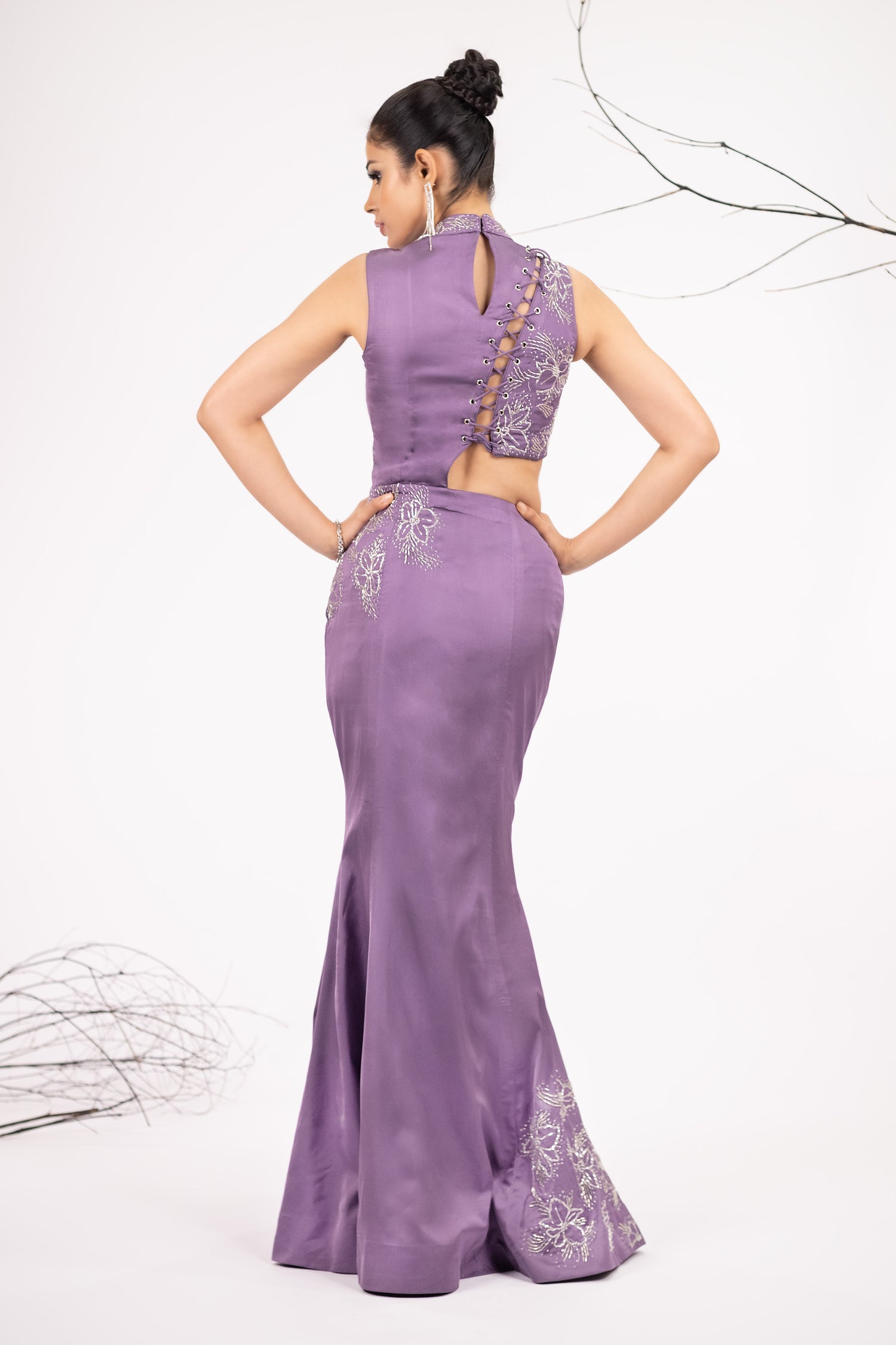 Hand-Embellished Lavender Flared Cocktail Gown
