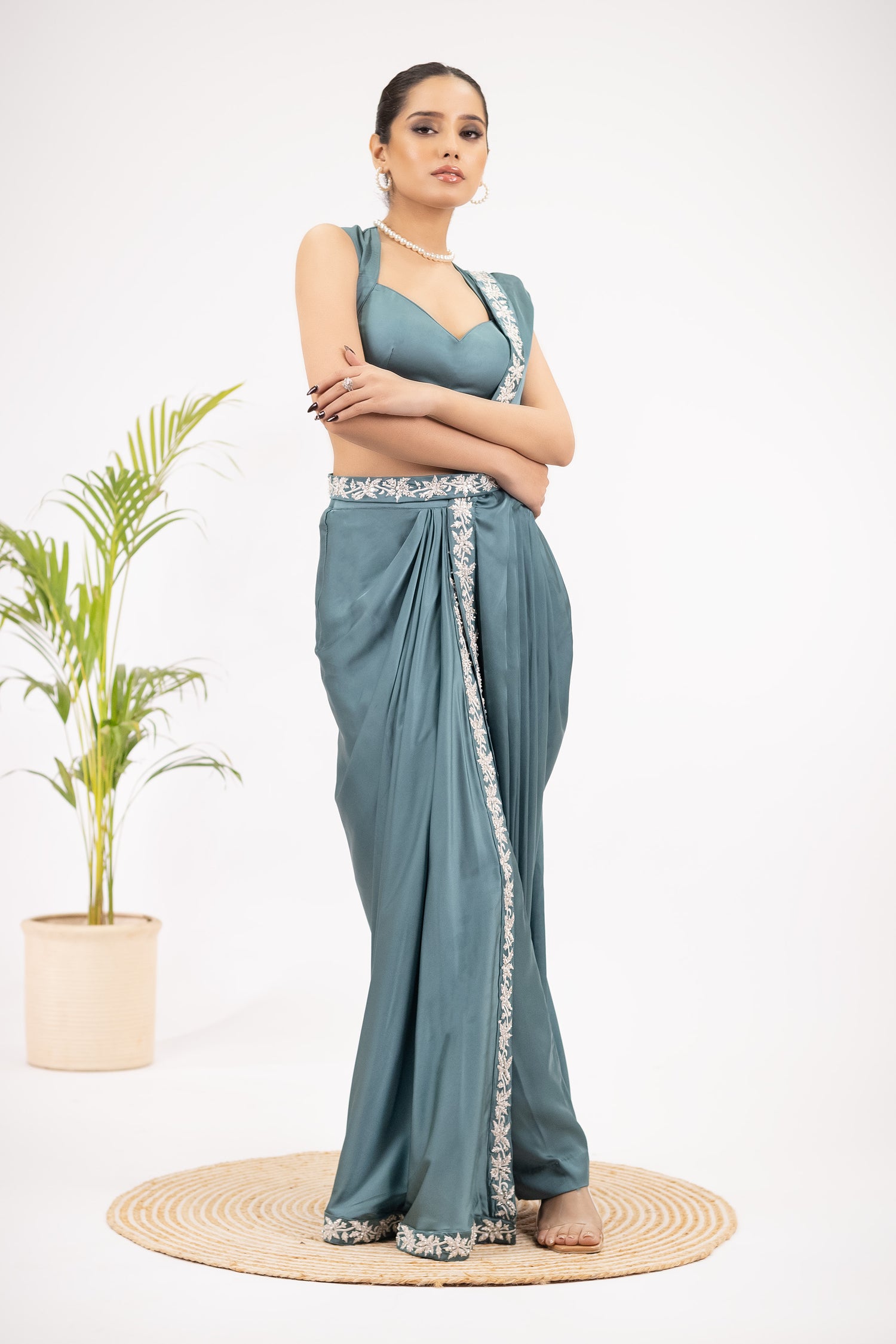 Fancy Sage green drape pant saree set