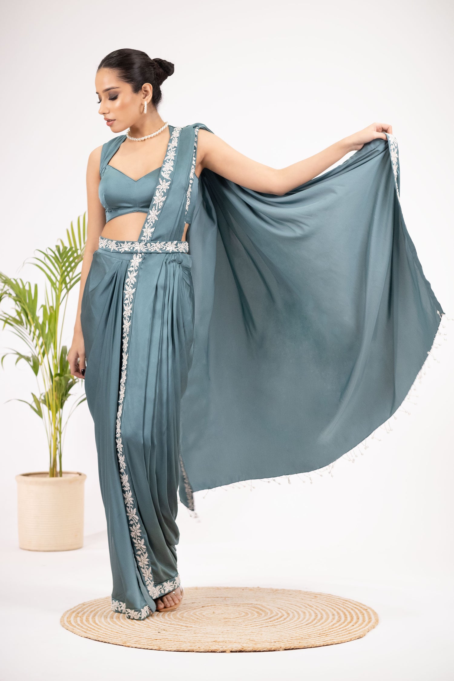 Fancy Sage green drape pant saree set
