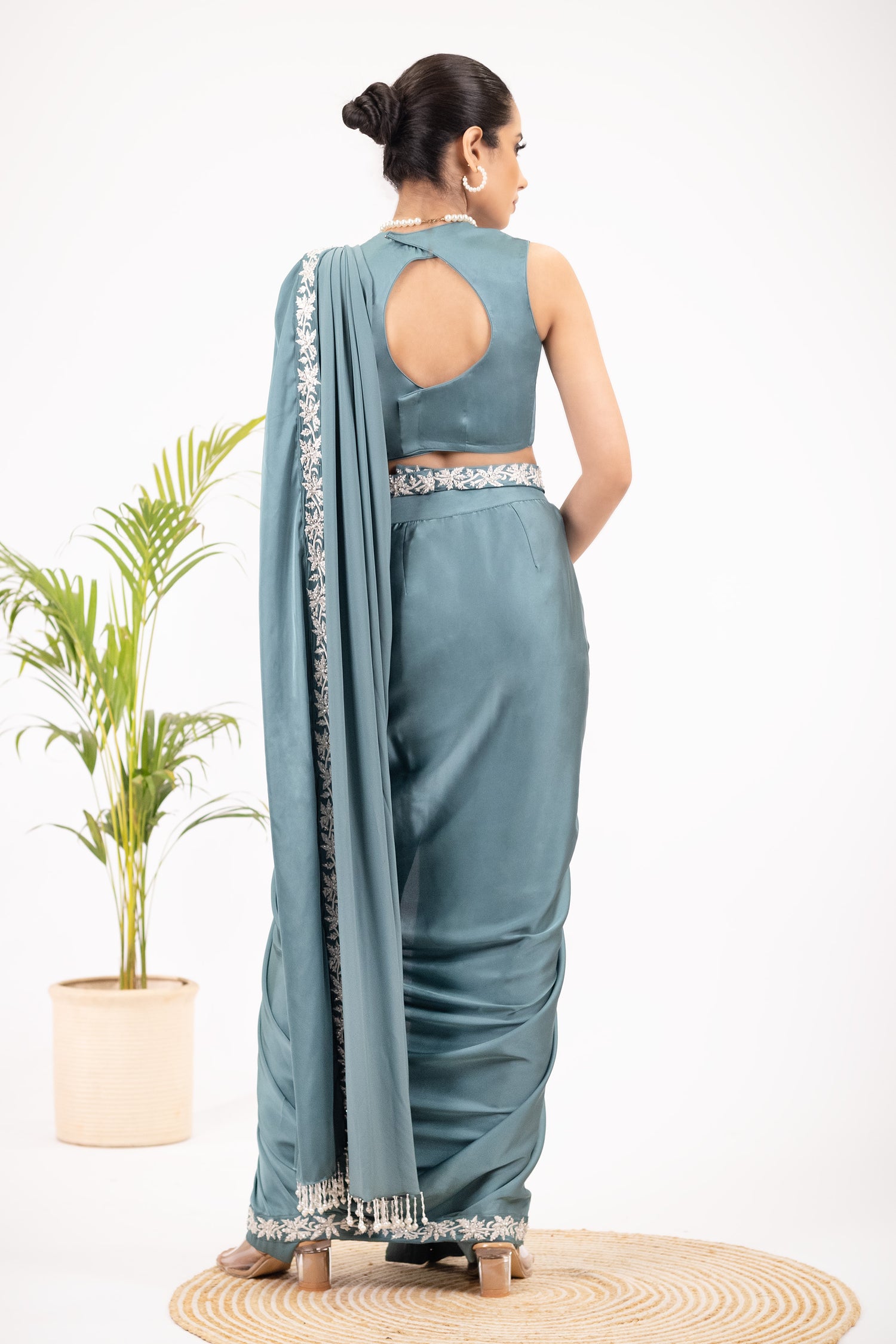 Fancy Sage green drape pant saree set