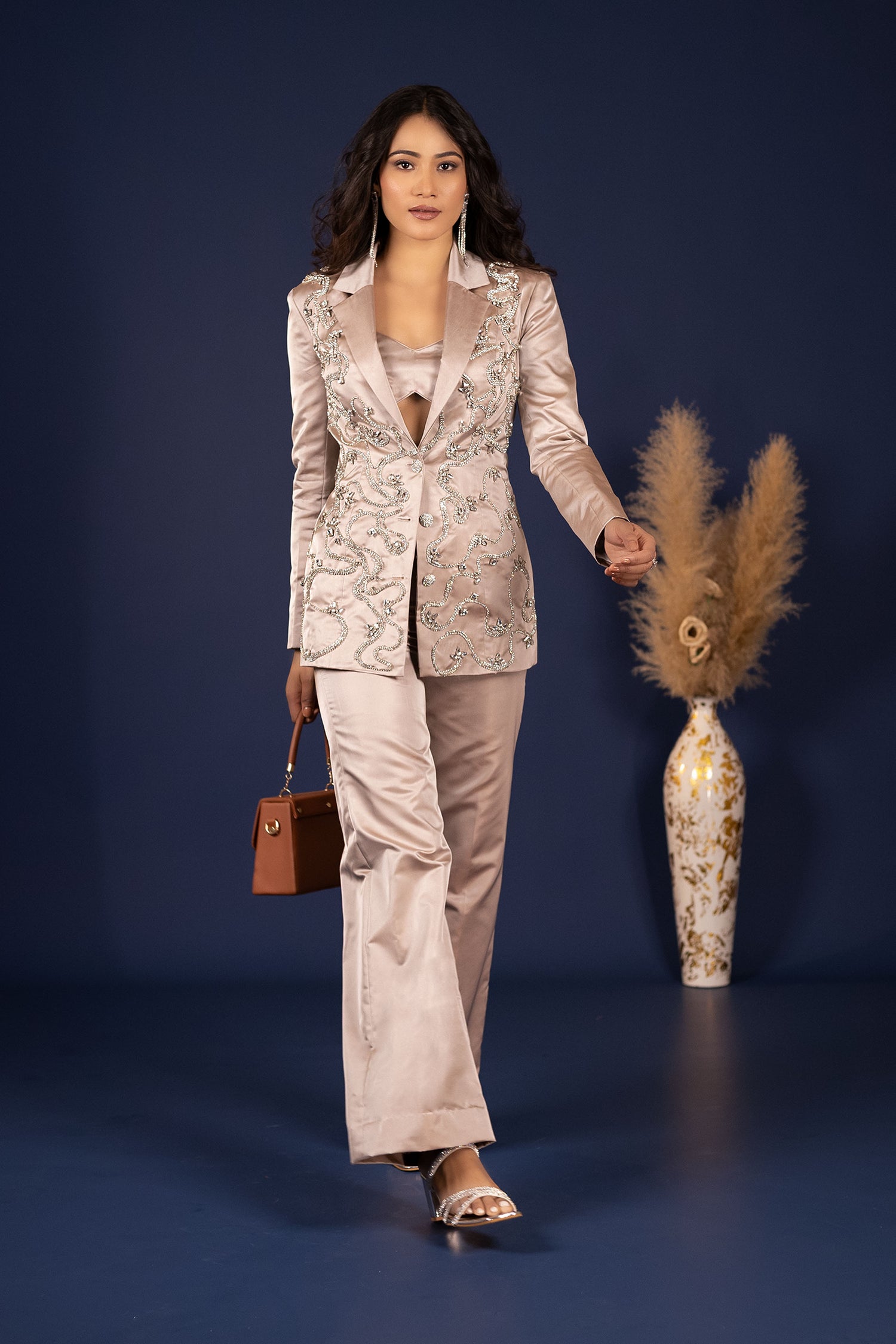 Rhinestone Embellised Biege Blazer Set