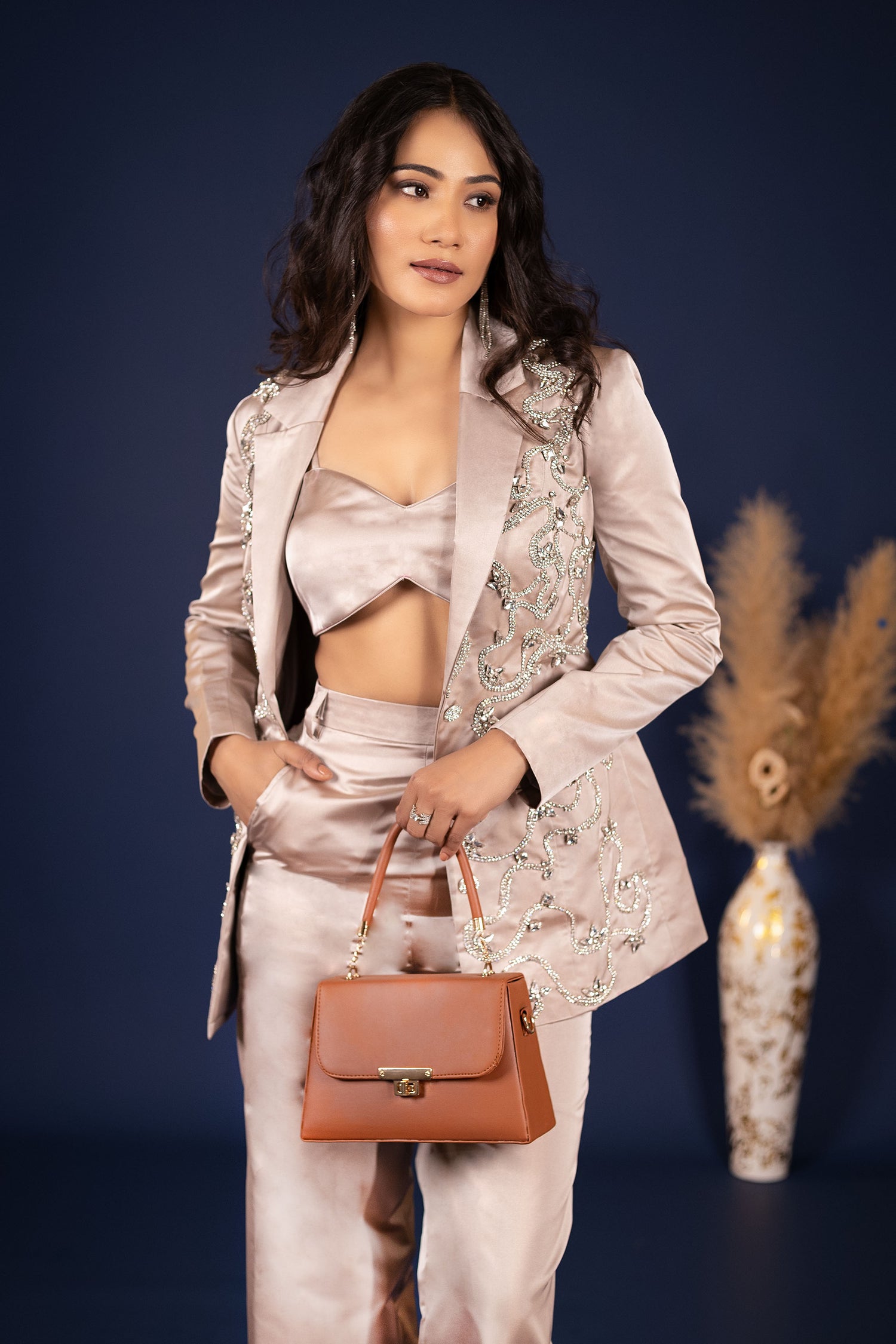 Rhinestone Embellised Biege Blazer Set