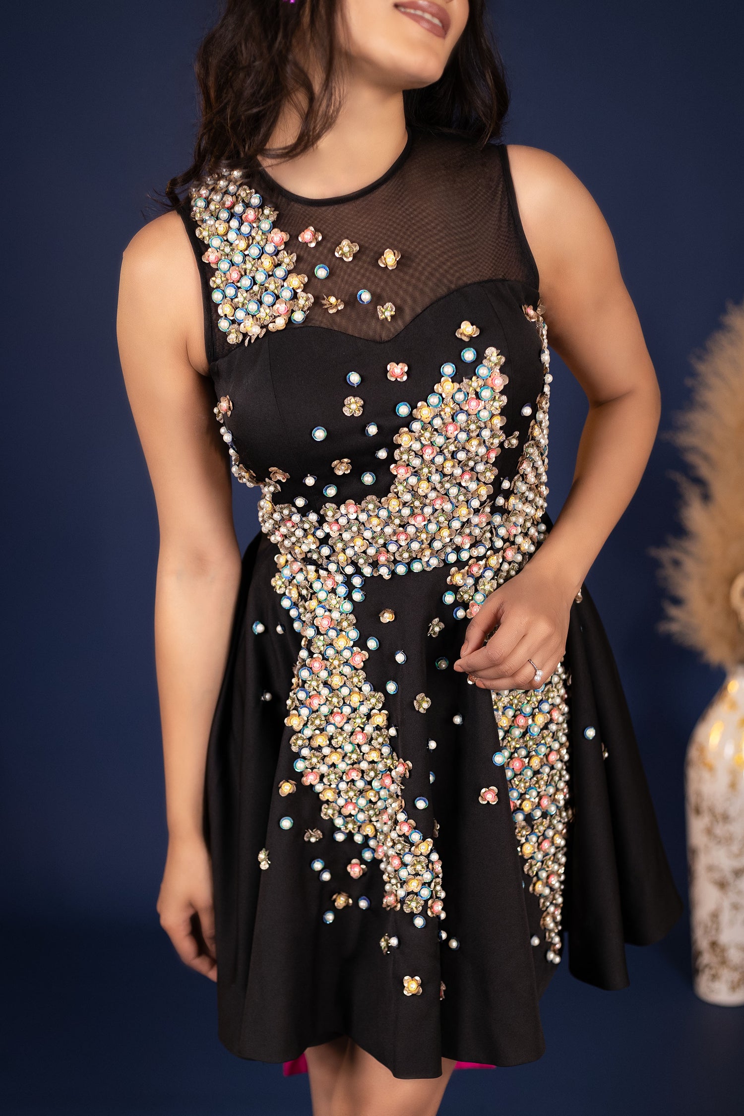 Hand Embellished Sequins Mini Dress With Pink Bow