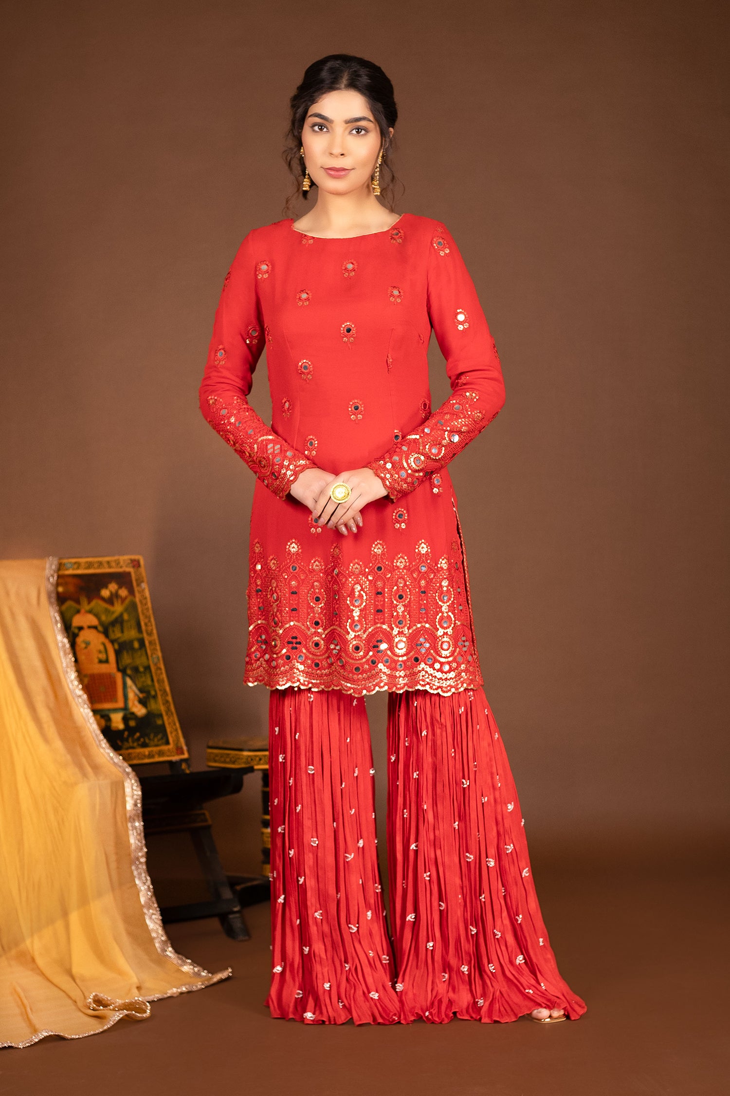Red Embroidered Kurta with Garara and Rust Gold Dupatta