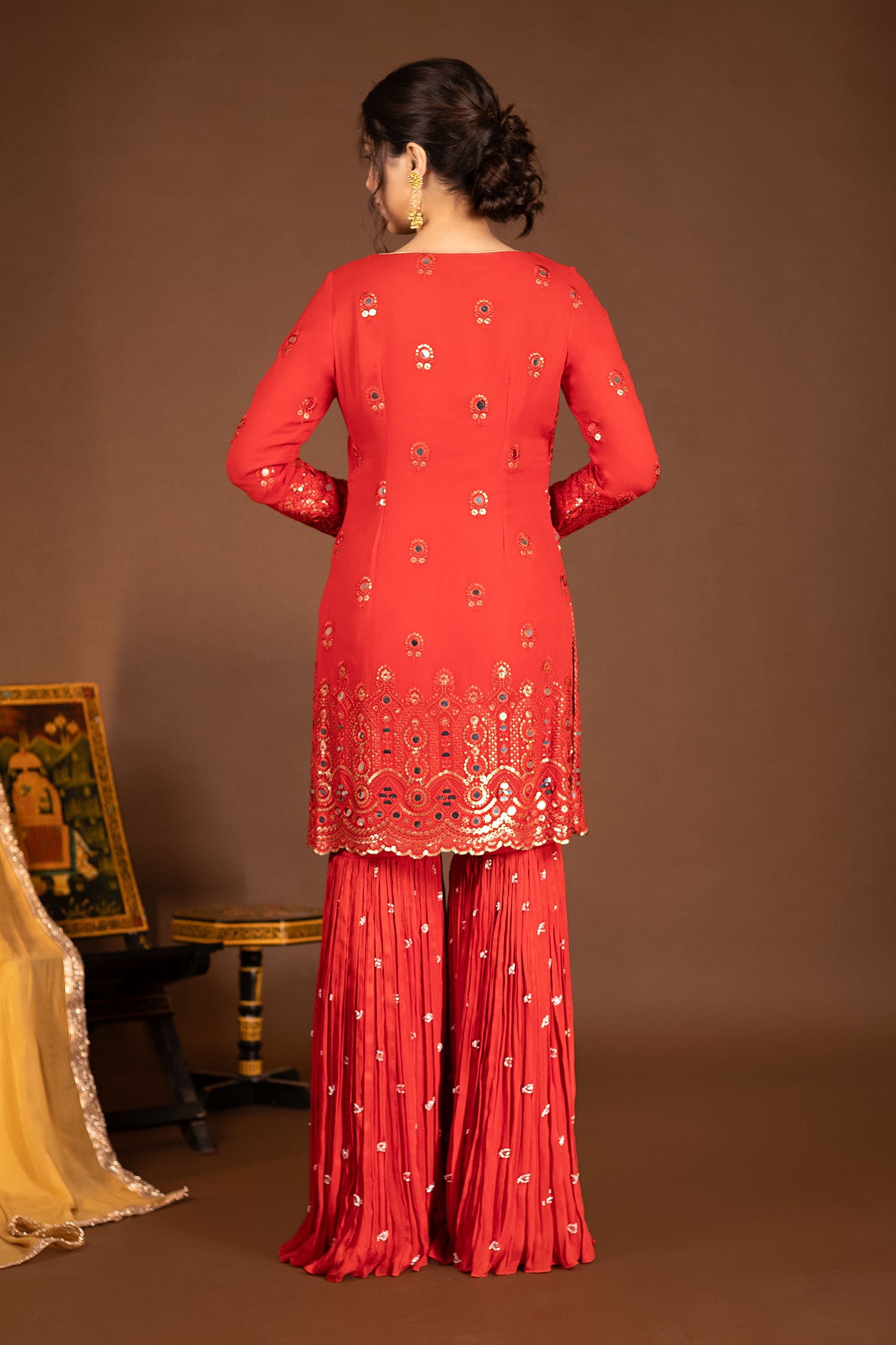 Red Embroidered Kurta with Garara and Rust Gold Dupatta