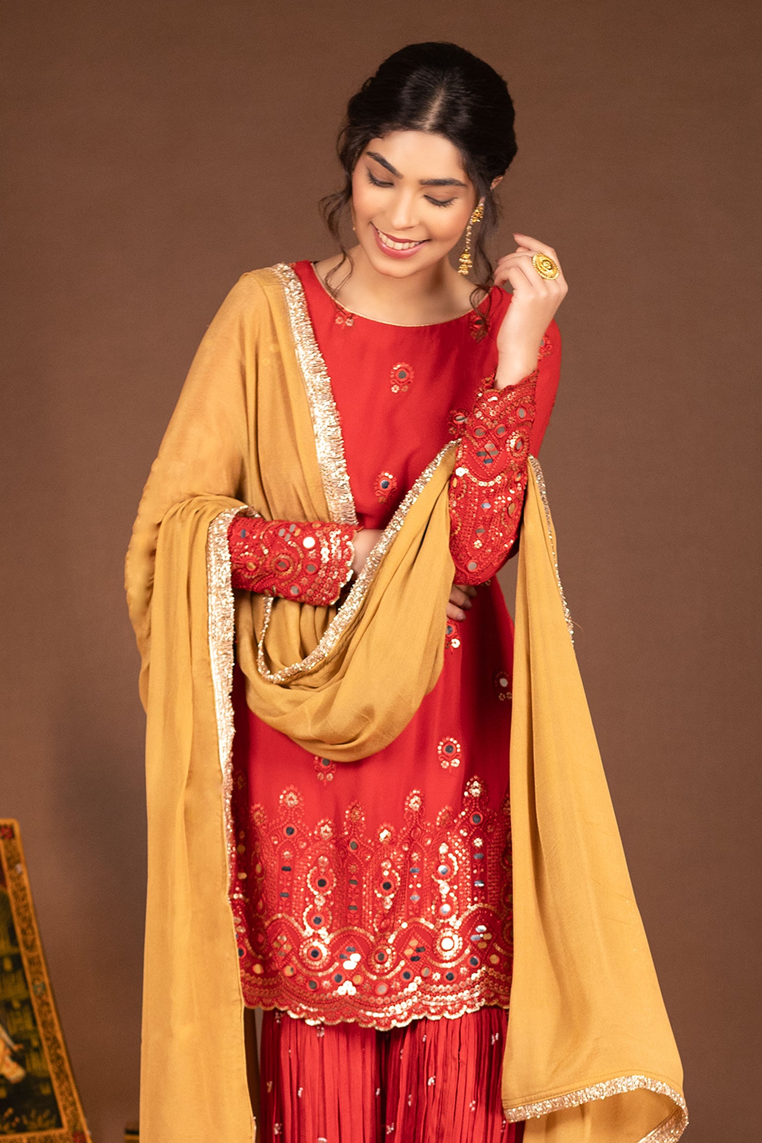Red Embroidered Kurta with Garara and Rust Gold Dupatta