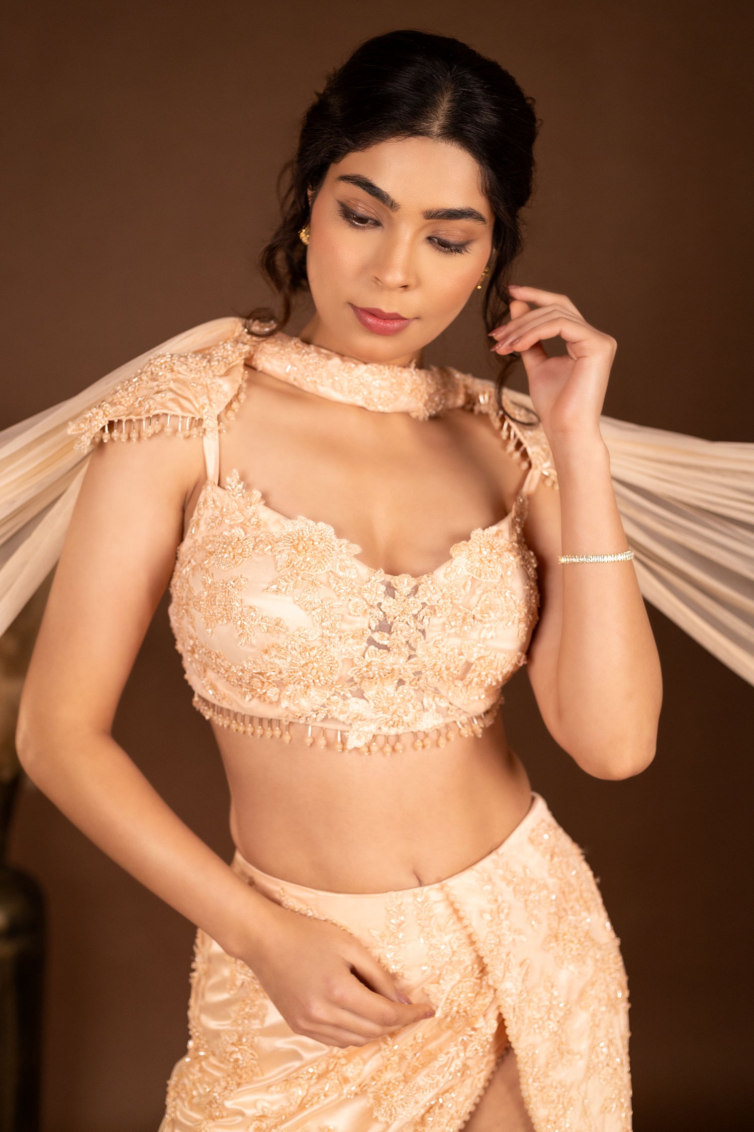 Heavy Embroidered Fusion Peach High Slit Lehenga