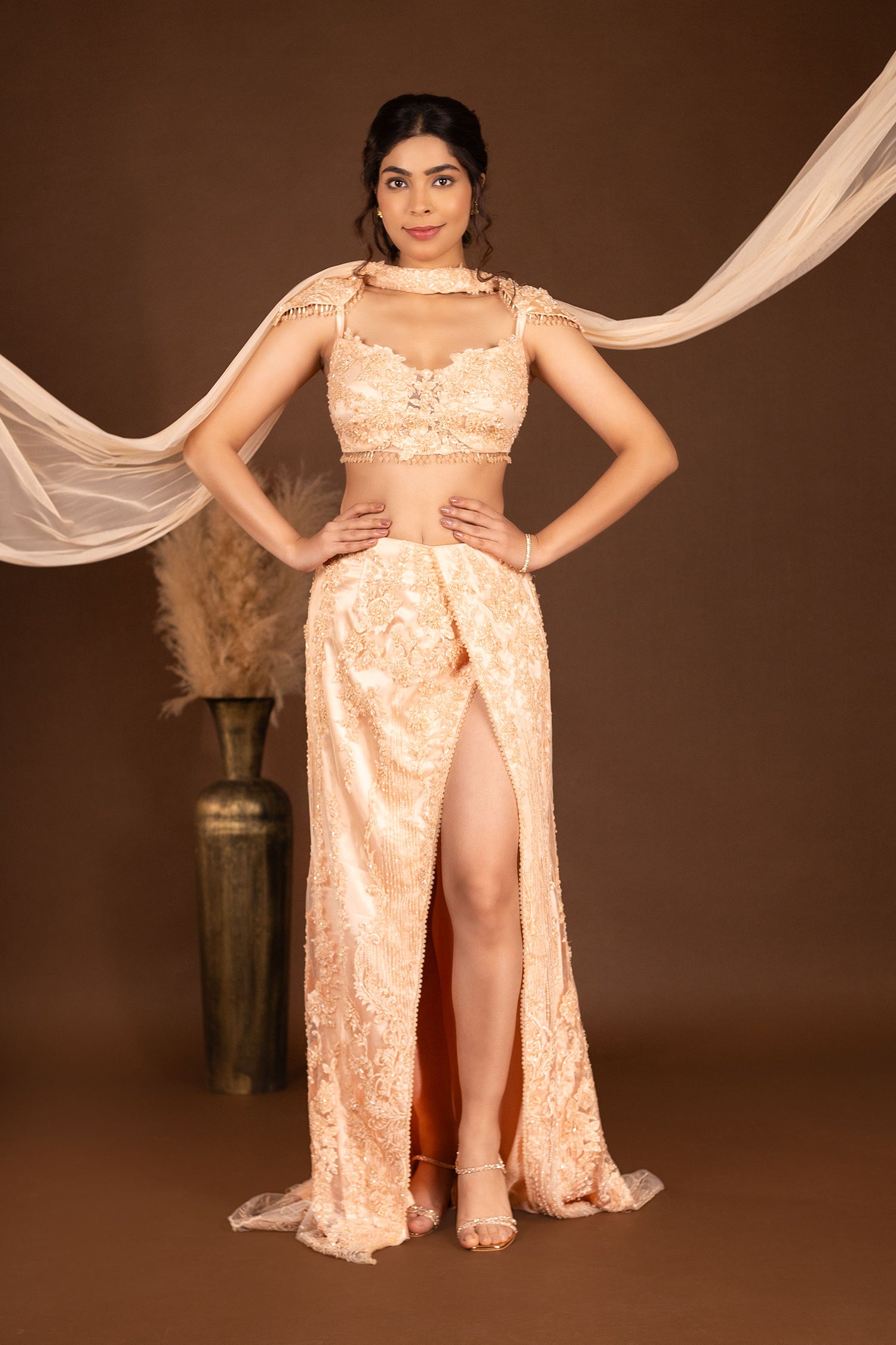 Heavy Embroidered Fusion Peach High Slit Lehenga