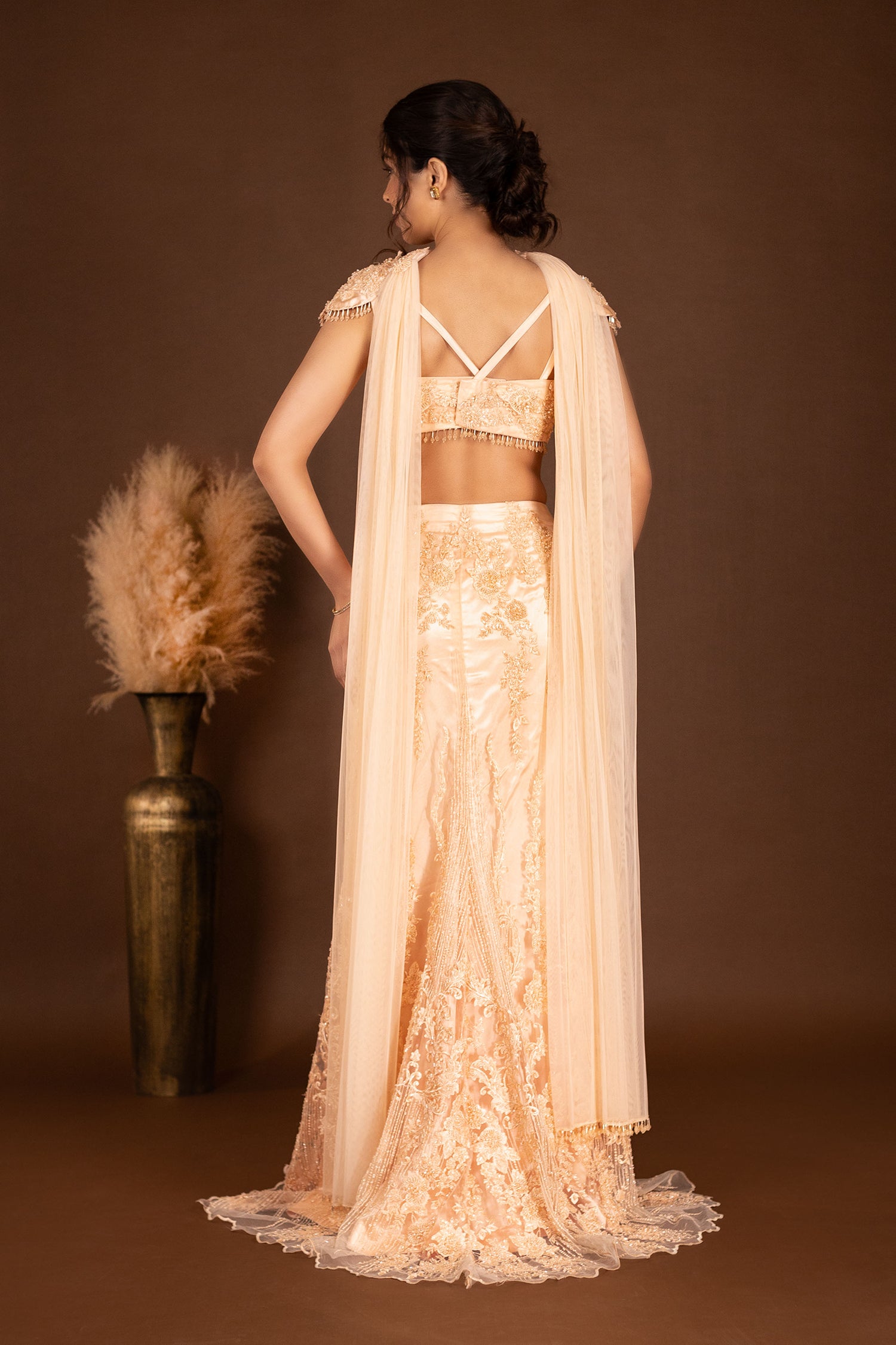 Heavy Embroidered Fusion Peach High Slit Lehenga