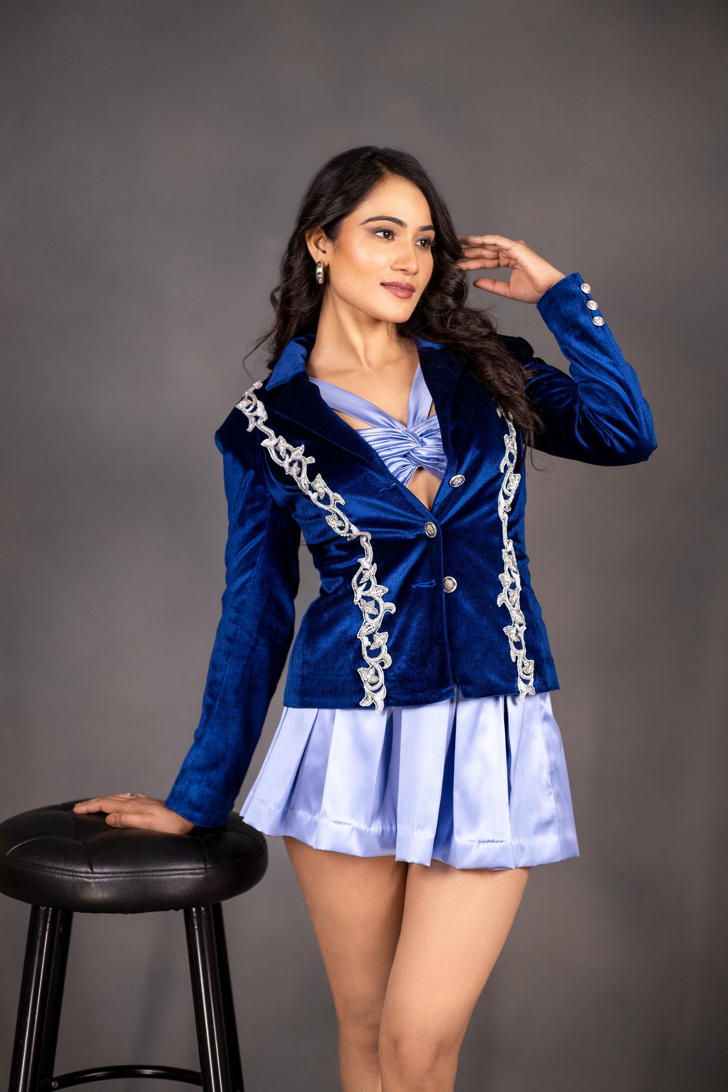 Mini Skirt With Stylish Hand Embroidered Velvet Coat