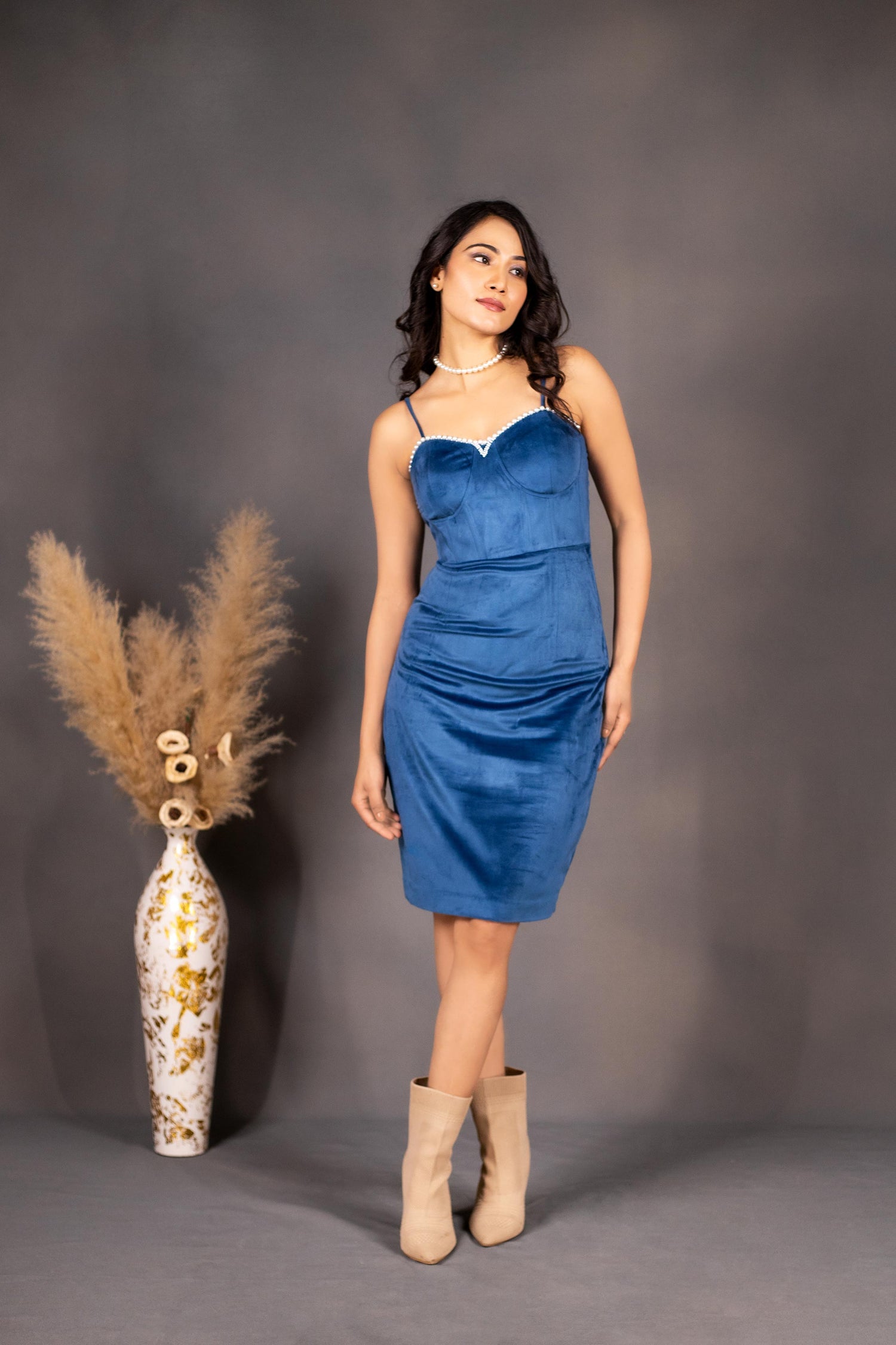 Classic Short Blazer with Pearl Embellished Corset Style Midi Dress