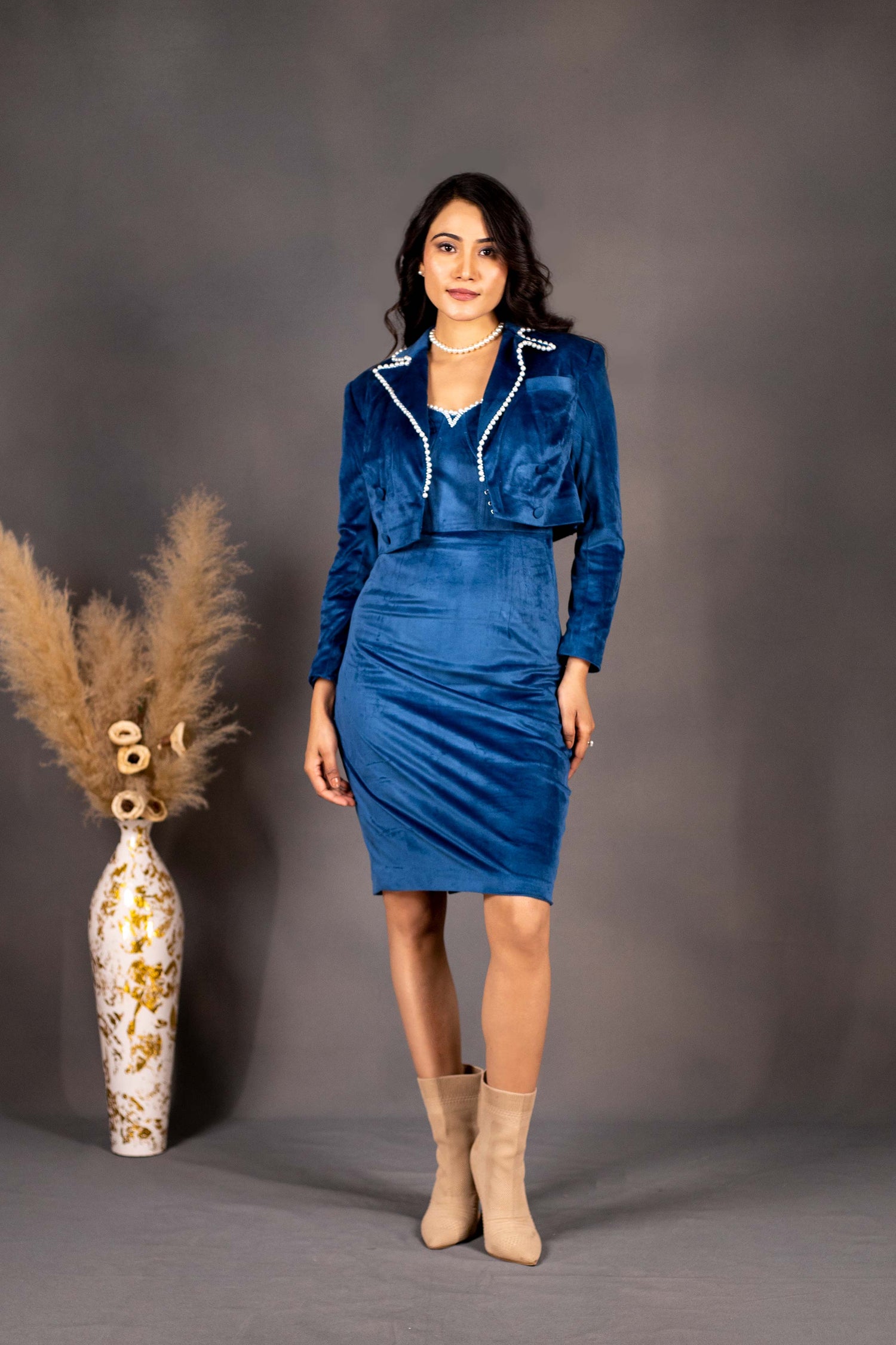 Classic Short Blazer with Pearl Embellished Corset Style Midi Dress