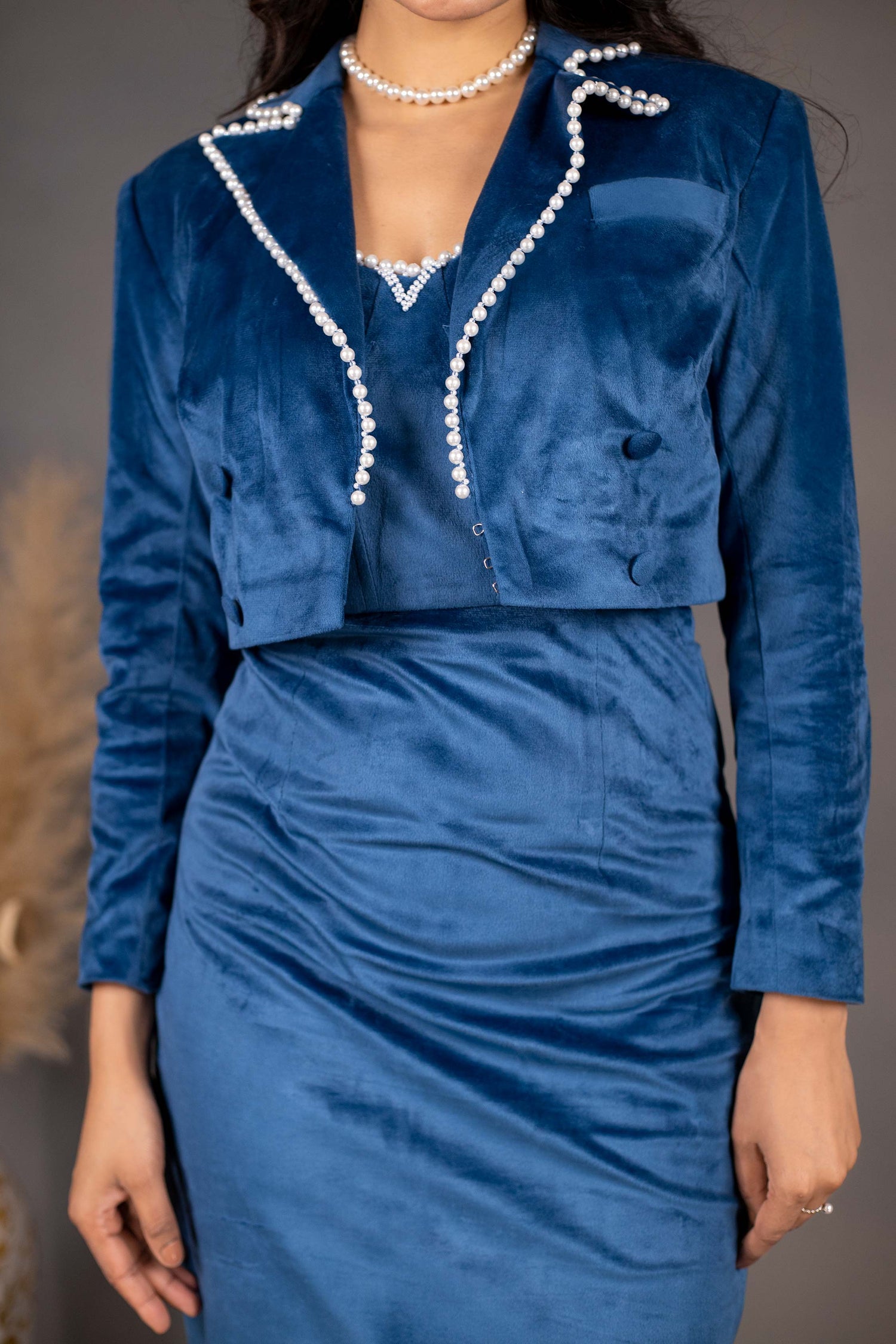 Classic Short Blazer with Pearl Embellished Corset Style Midi Dress