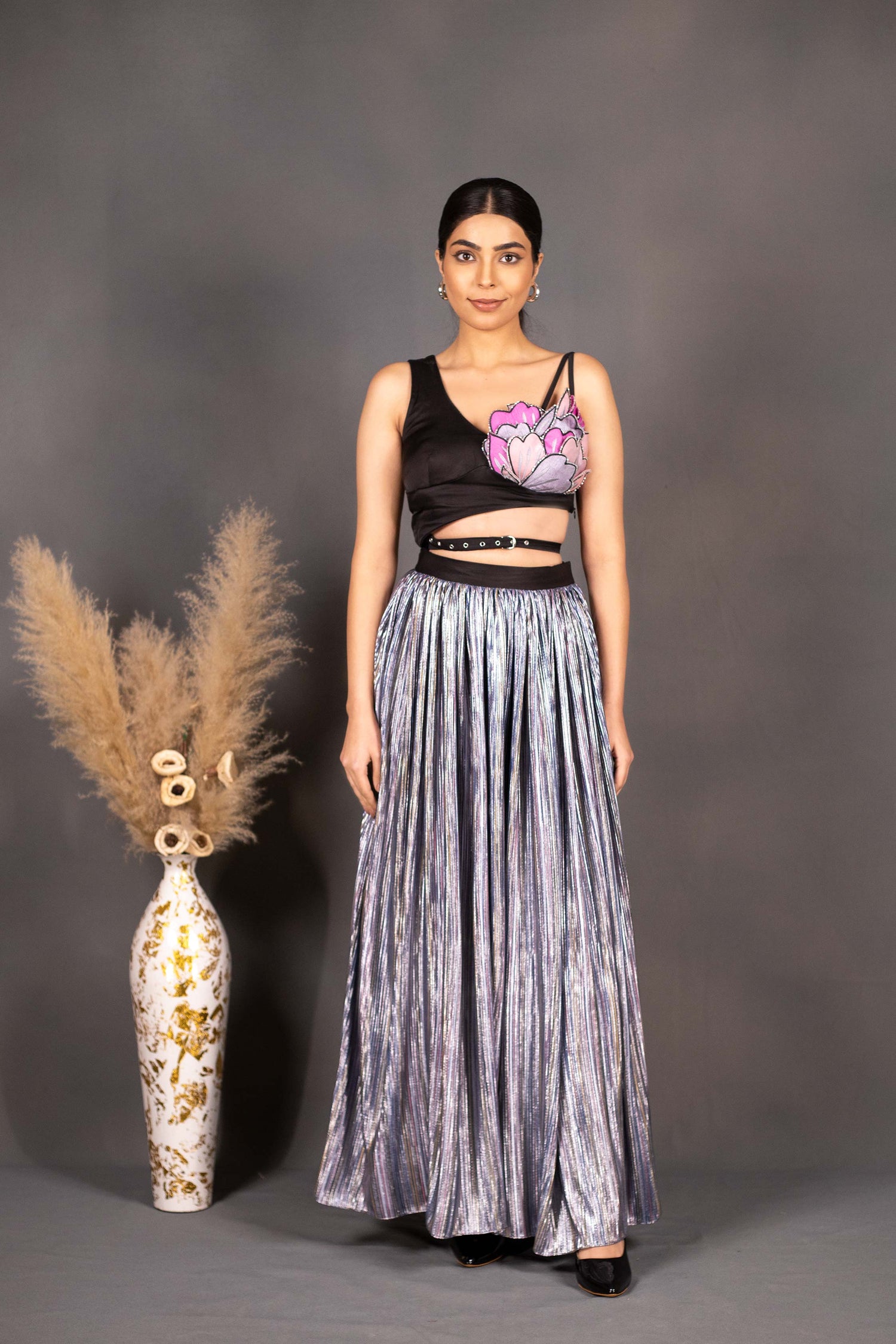 Elegant Multicolour Hand Crafted Flower Patch Dress