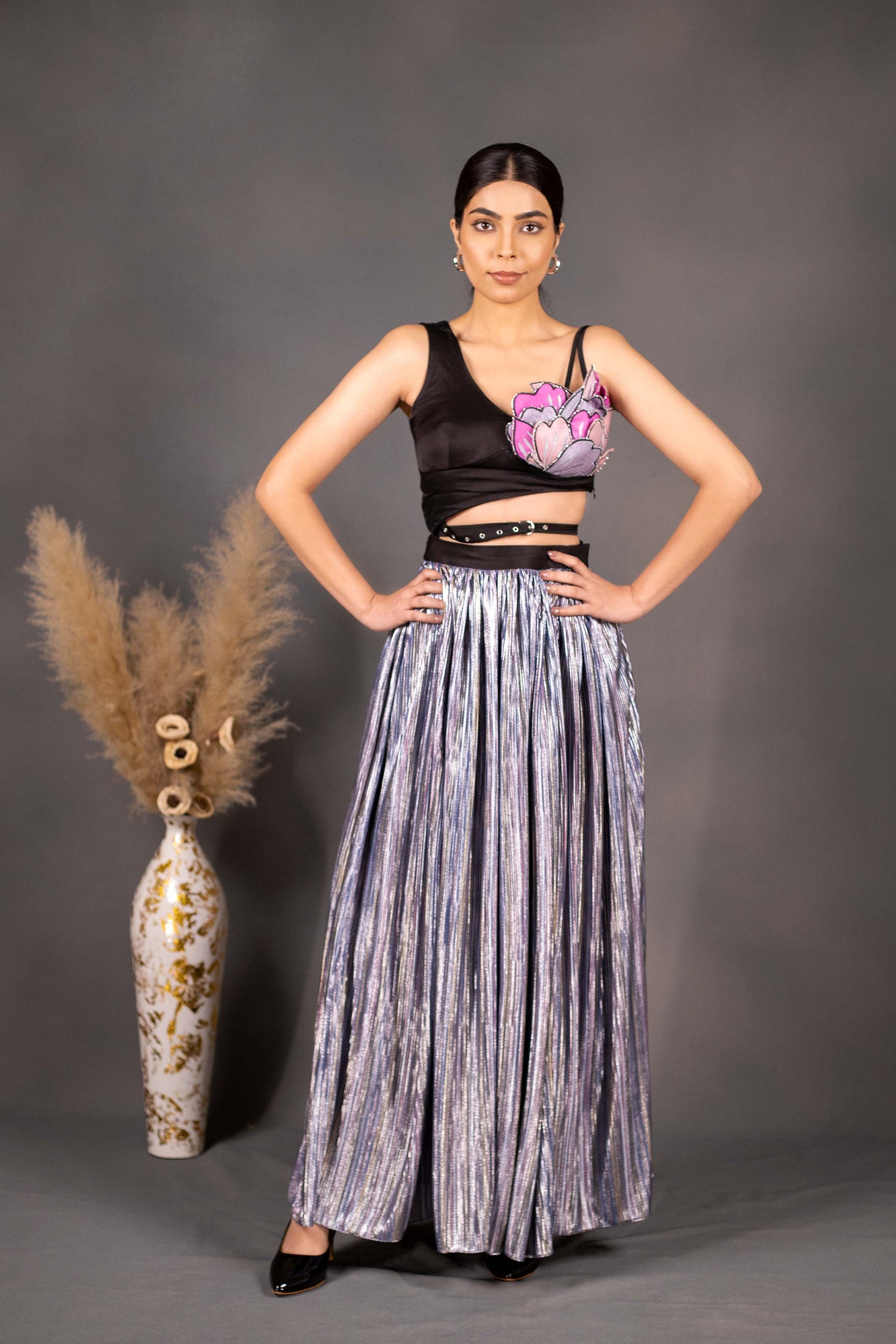 Elegant Multicolour Hand Crafted Flower Patch Dress