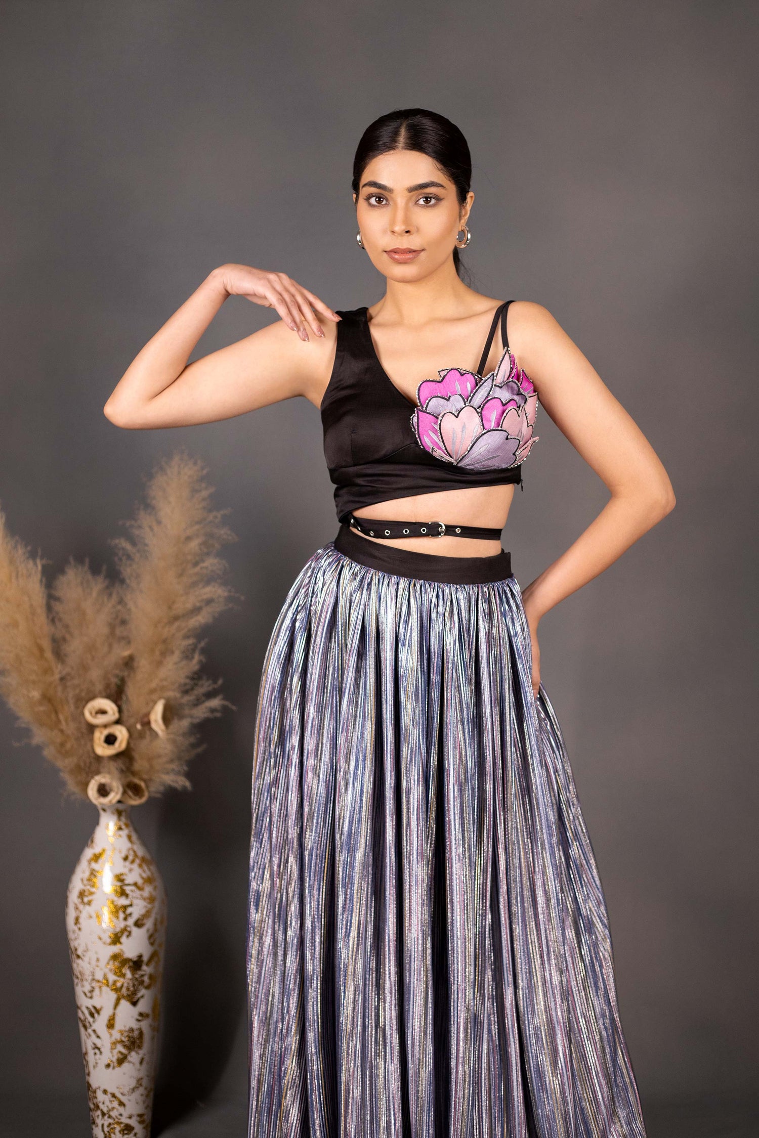 Elegant Multicolour Hand Crafted Flower Patch Dress