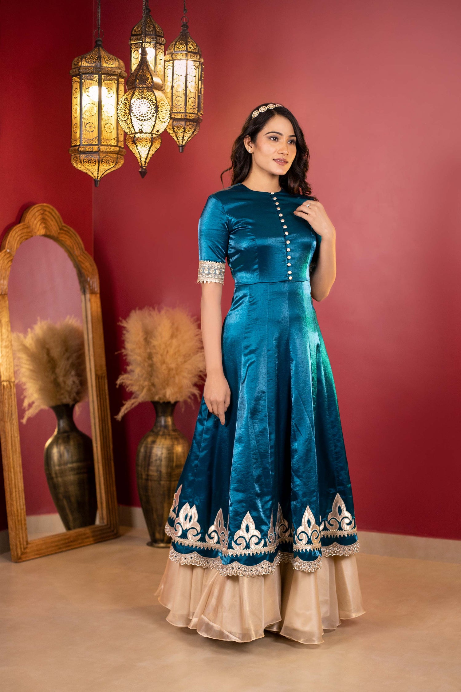 Teal and gold anarkali kurta with skirt
