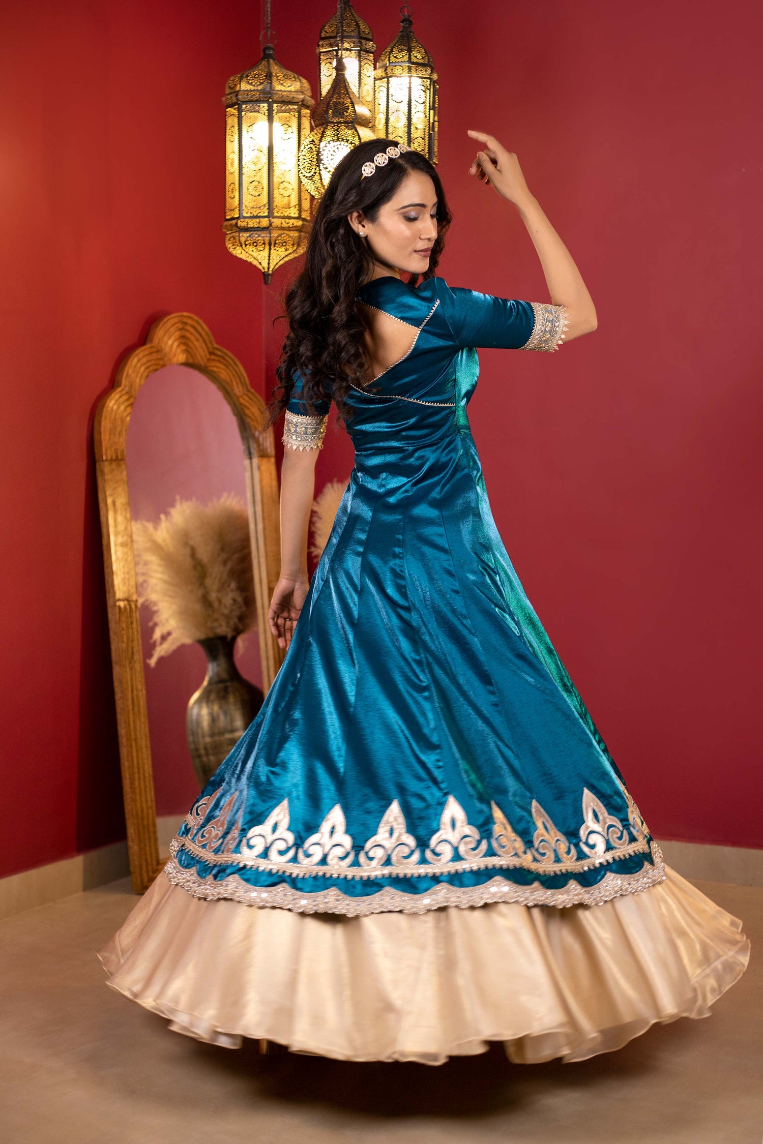 Teal and gold anarkali kurta with skirt