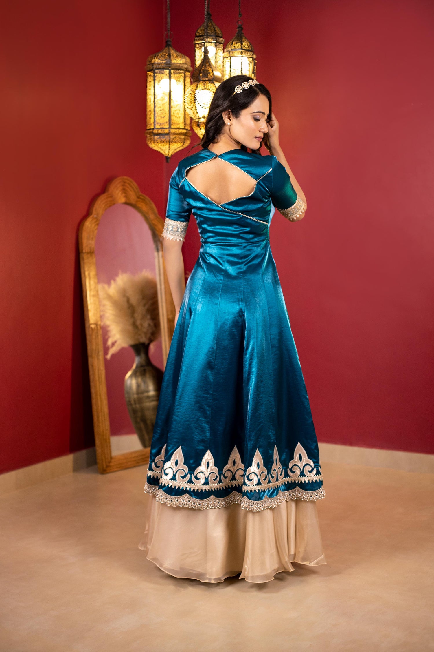 Teal and Gold Anarkali Kurta with Skirt