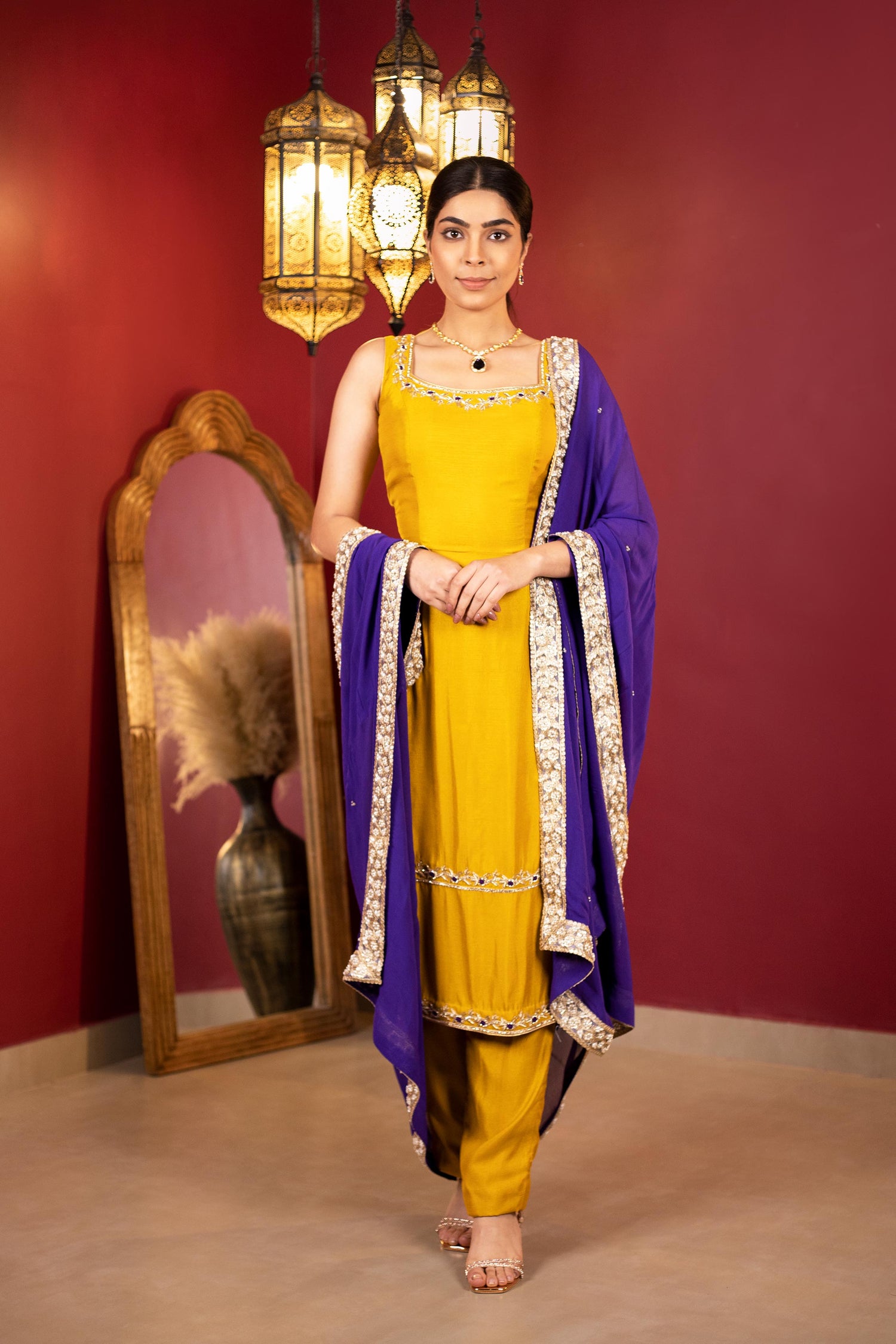 Mustard yellow Straight sleeveless kurta Set