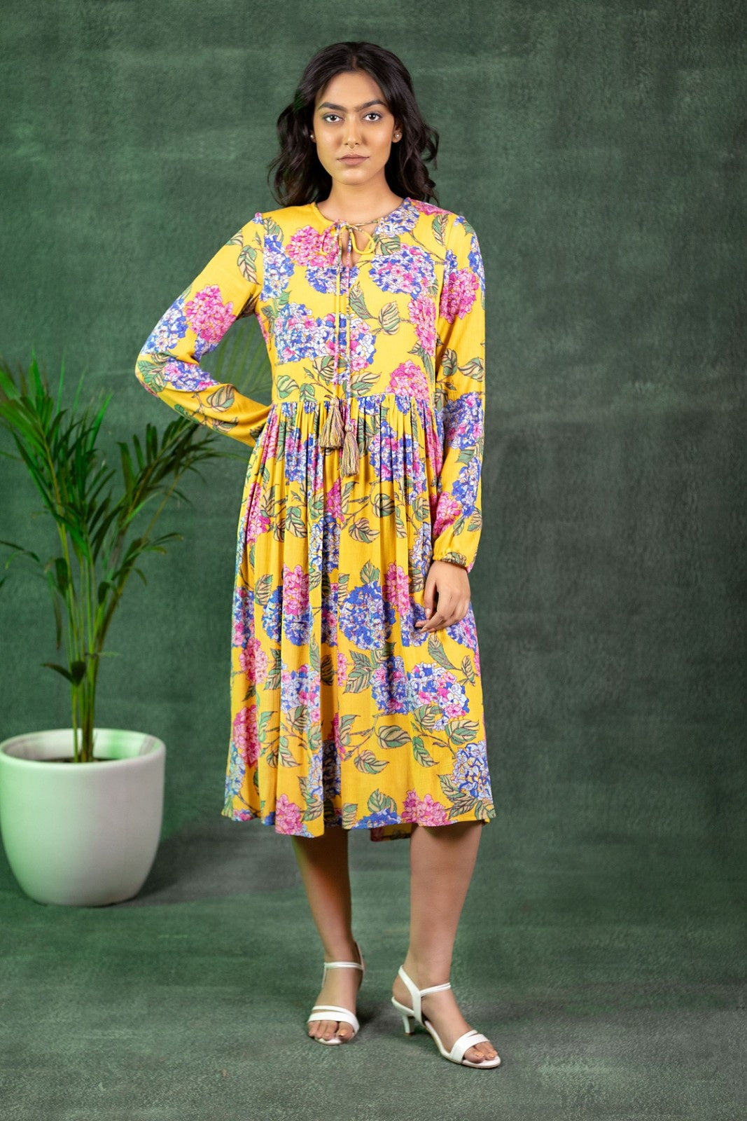 Mustard Bloom Tassel-Tie Midi Dress