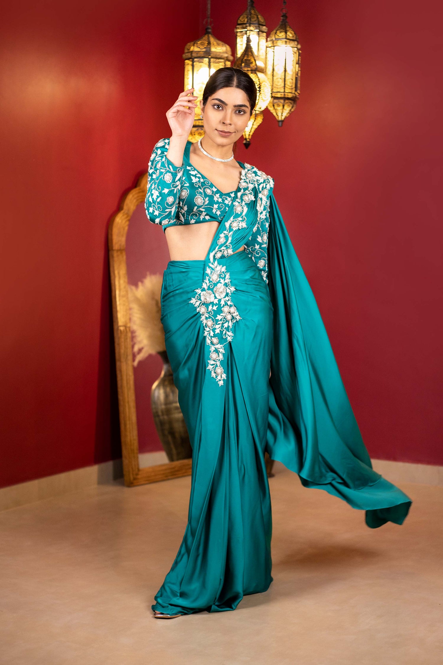 Floral Embroidered Blouse & Drape Saree Set