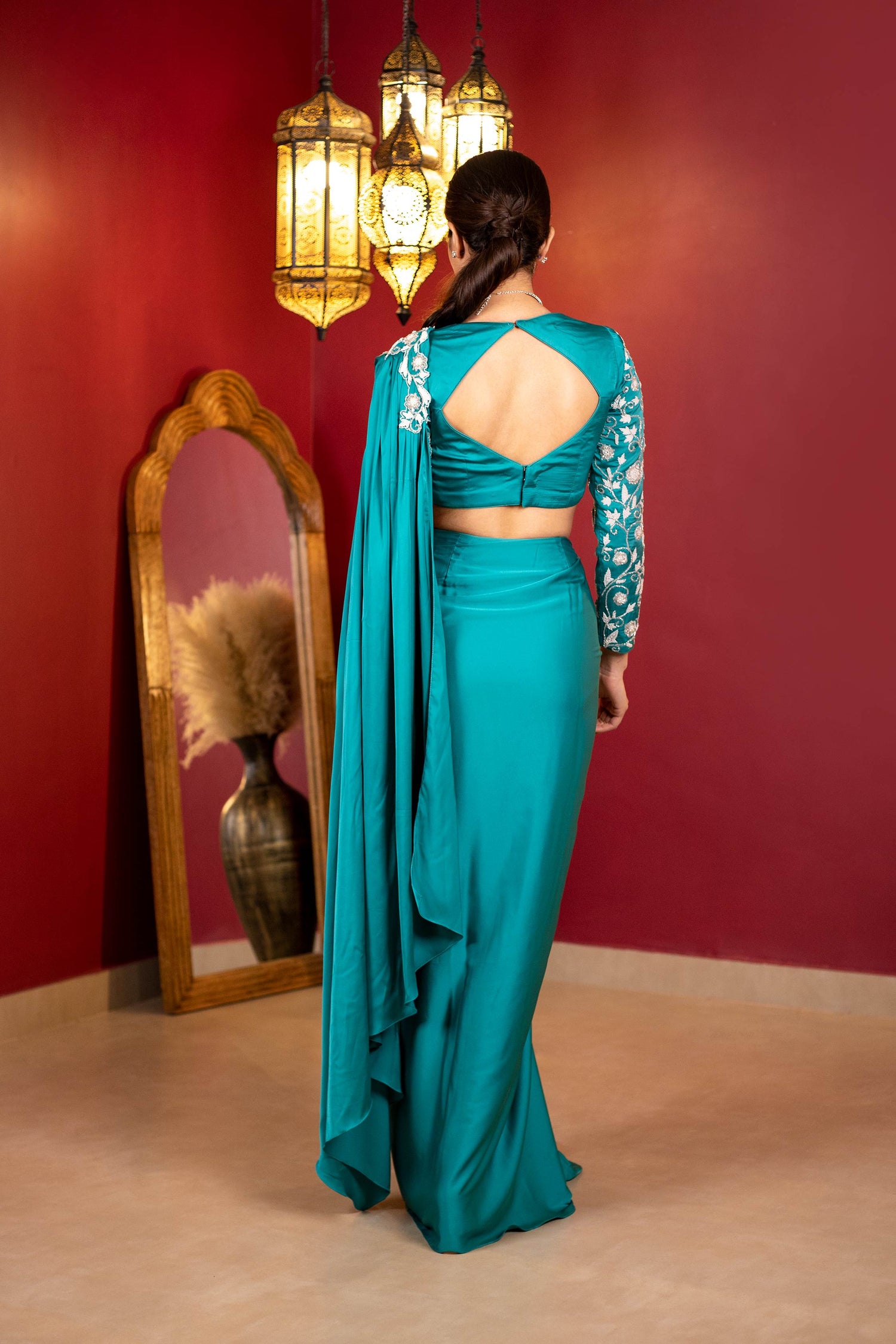 Floral Embroidered Blouse & Drape Saree Set