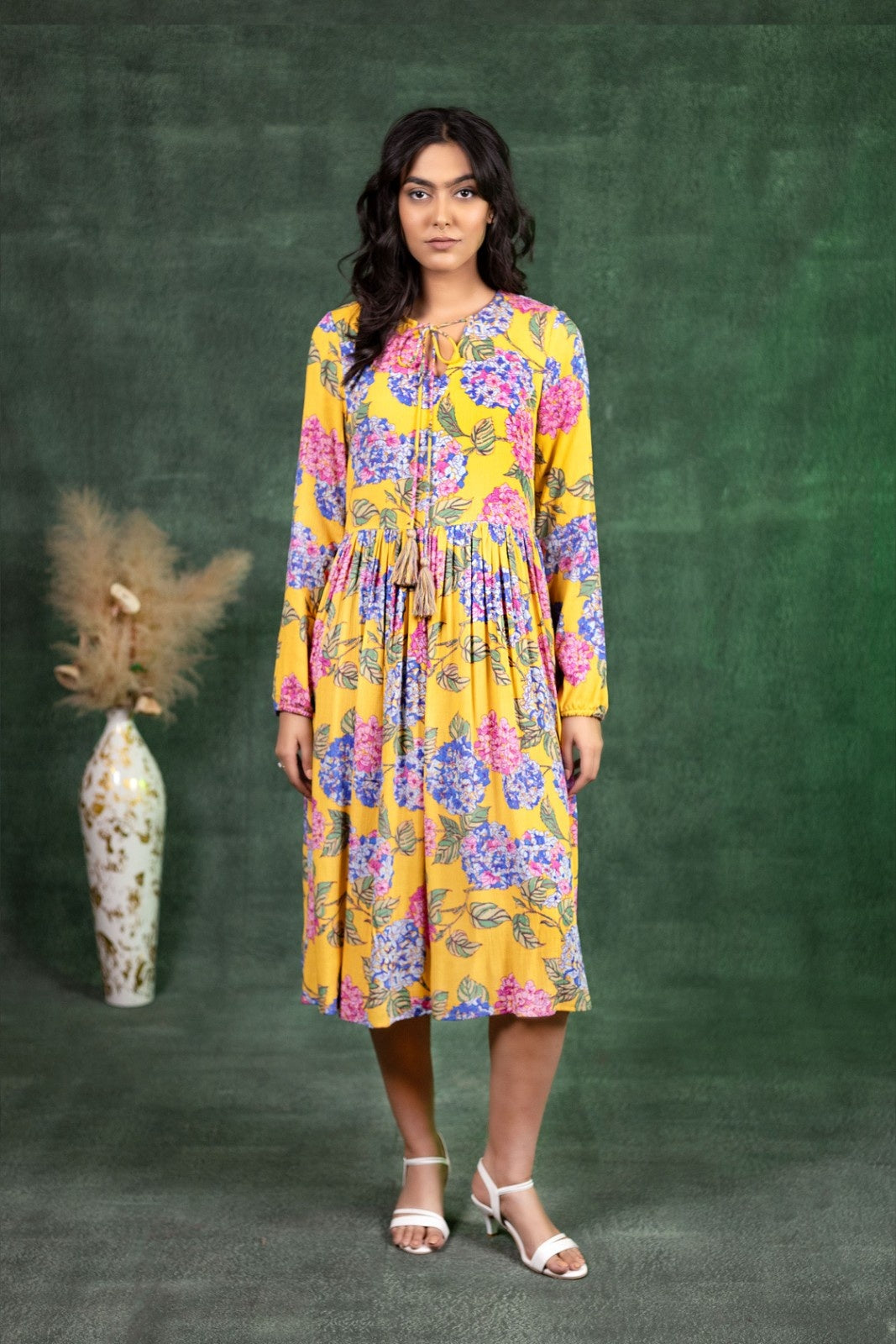 Mustard Bloom Tassel-Tie Midi Dress
