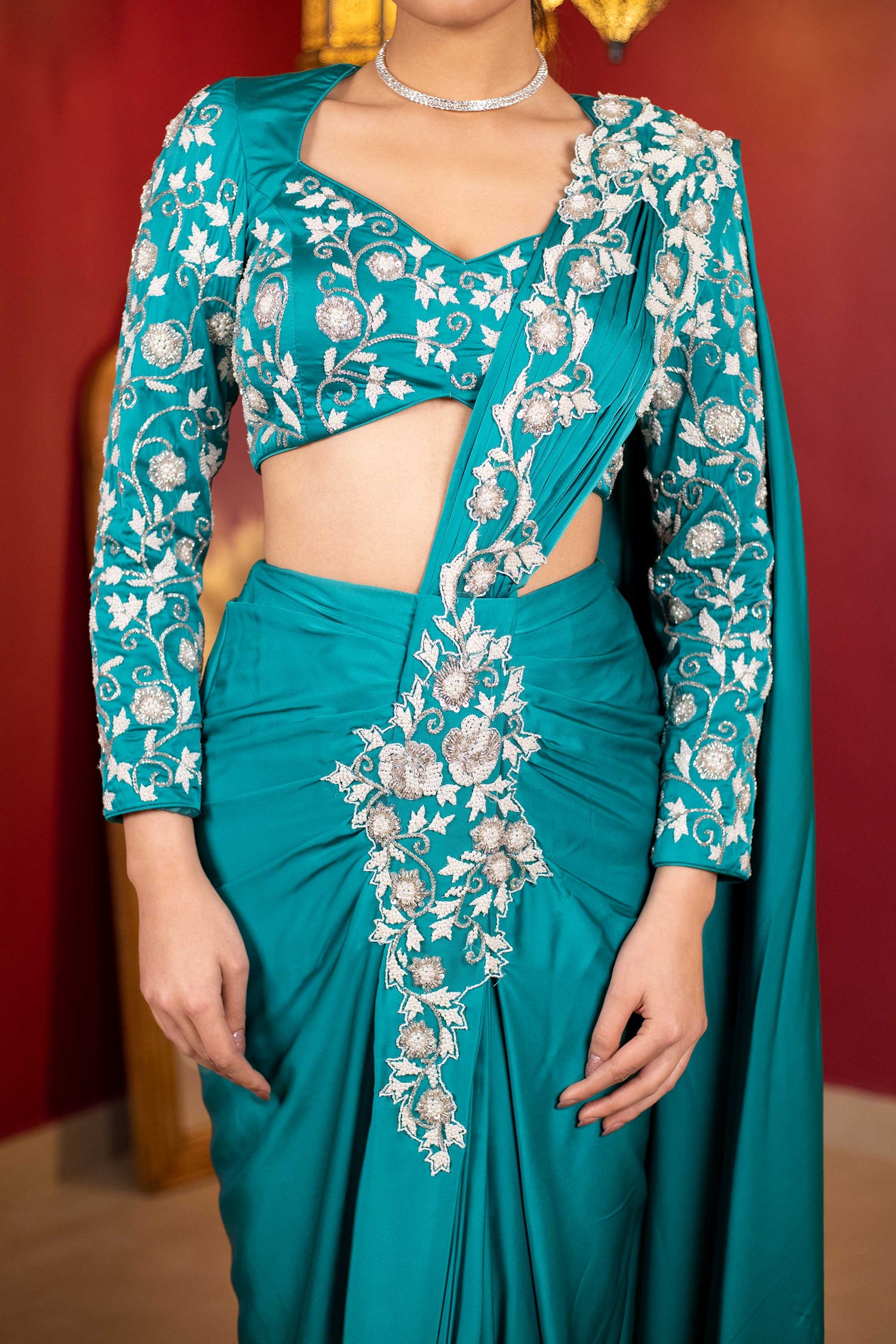 Floral Embroidered Blouse & Drape Saree Set