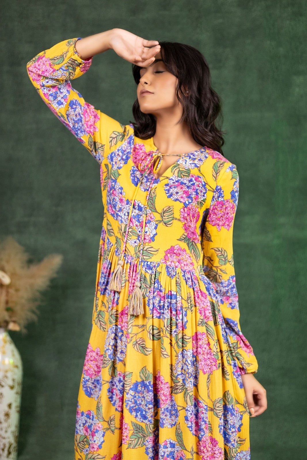 Mustard Bloom Tassel-Tie Midi Dress