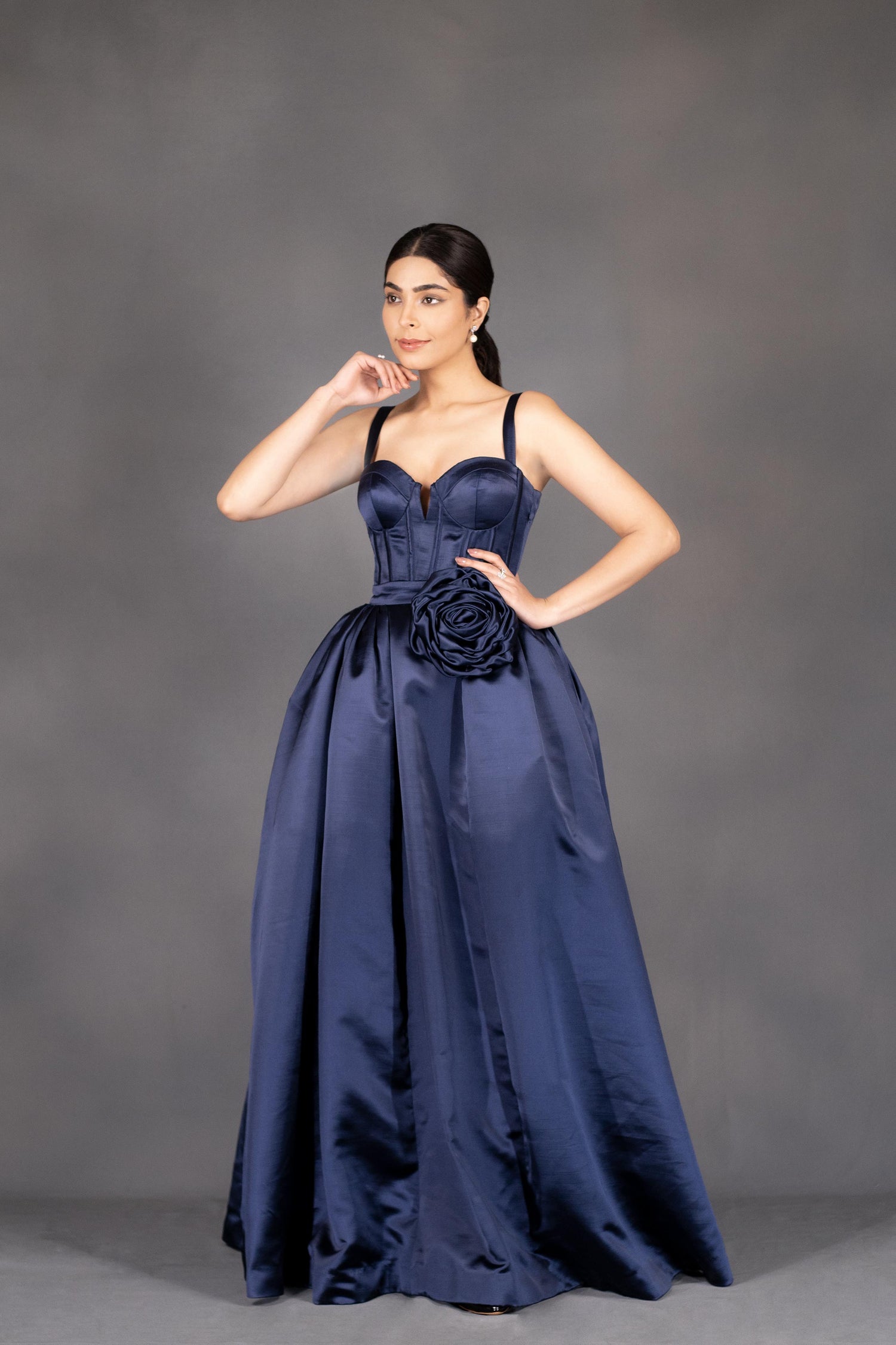 Stuning Navy Blue Satin Designer Gown-Inspired By Victorian Ball Gown
